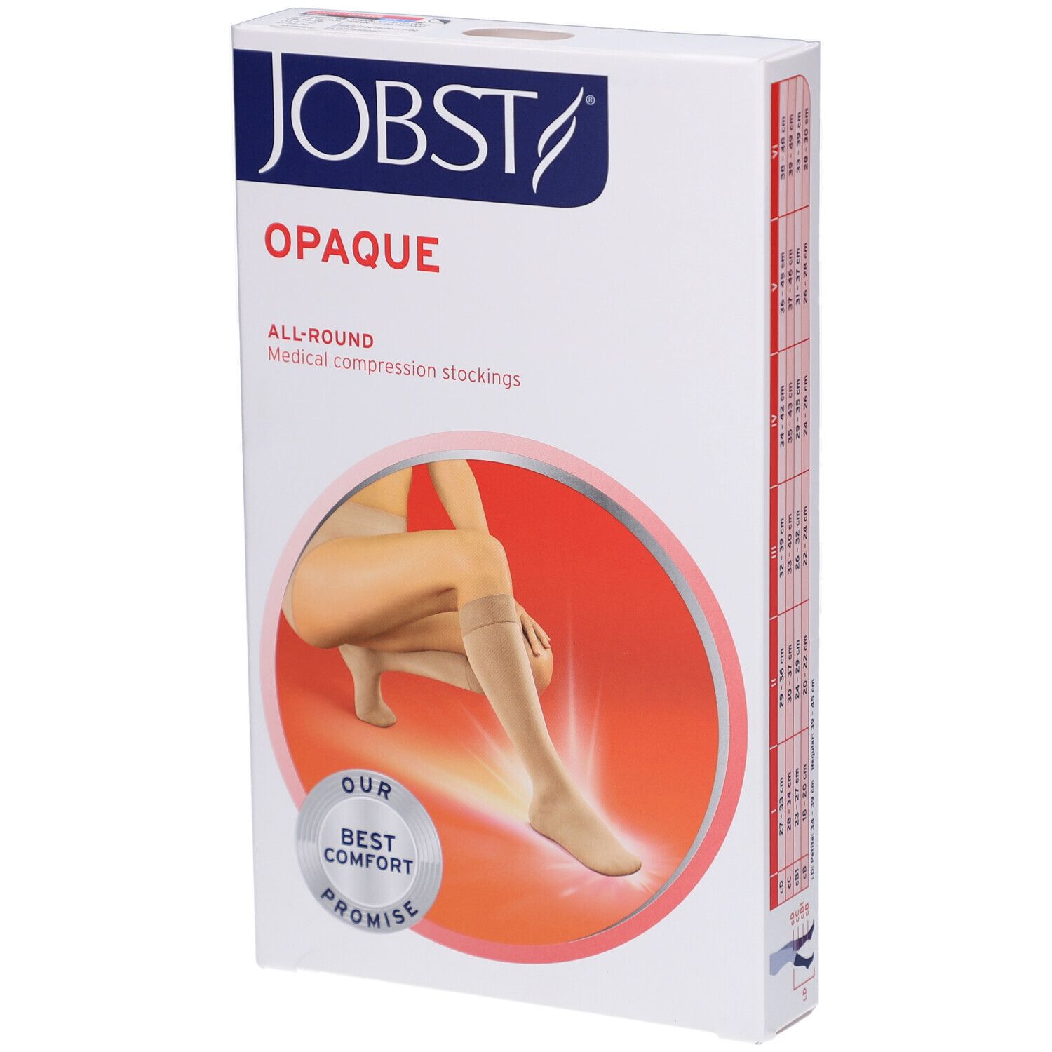 JOBST Opaque bas de compression. Emballage avec illustration du produit. Bas beiges, femme avec bas sur la jambe. Inscription: Opaque, All-Round.