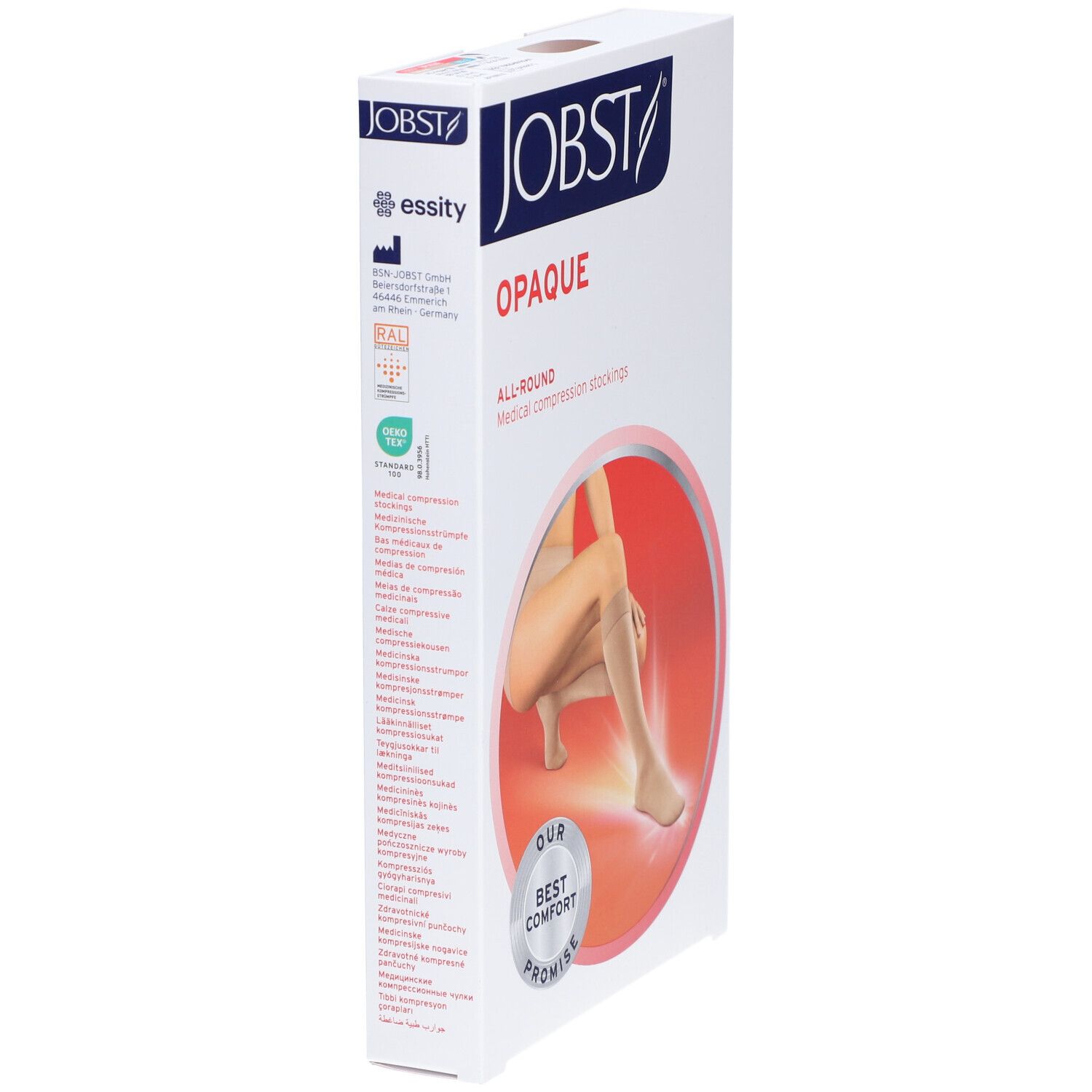 Emballage JOBST Opaque. Bas de compression au genou. Logo, nom du produit et certifications visibles. Vue latérale.