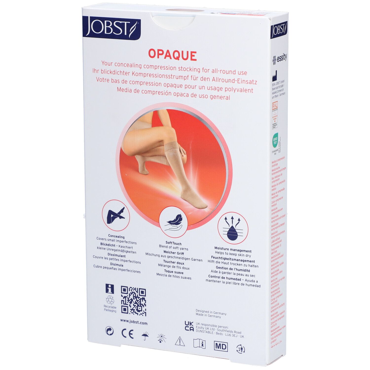 Dos de l'emballage JOBST Opaque. Informations produit, logos et code QR. Illustration d'une jambe avec bas.