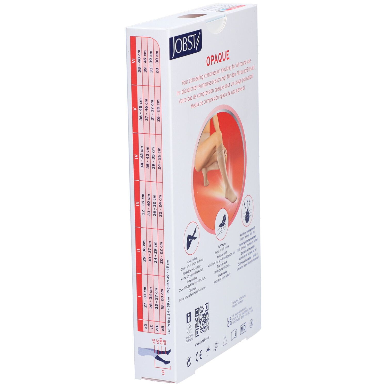 Emballage JOBST Opaque. Informations sur les tailles et le produit. Vue latérale.