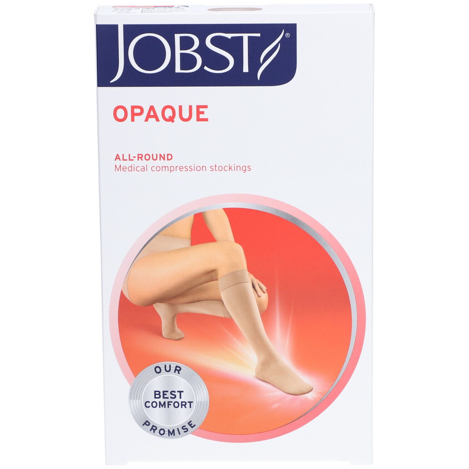 Emballage JOBST Opaque. Bas de compression au genou. Logo et nom du produit. Visuel d'une jambe portant le bas.