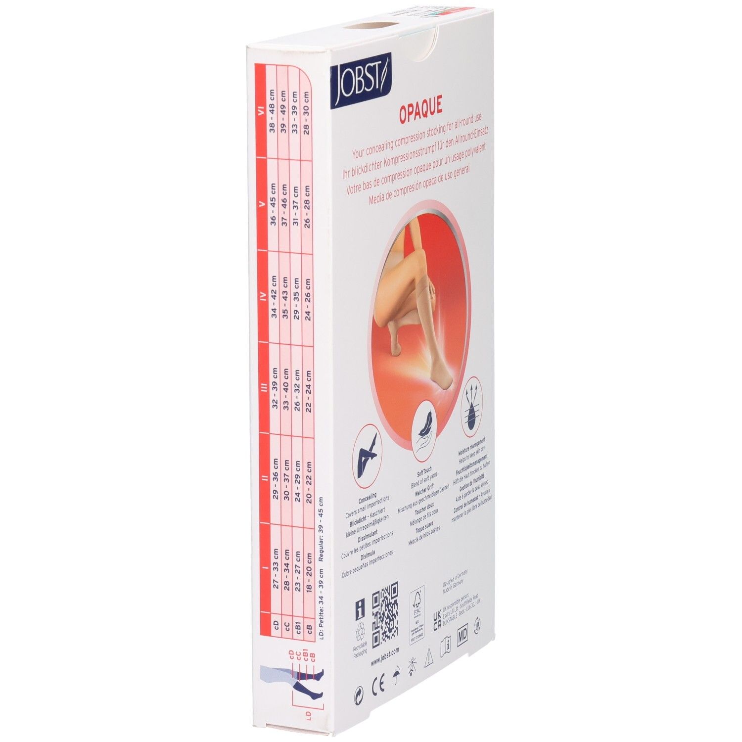 Bas de compression JOBST Opaque, beige, médical, classe 2, tableau des tailles.