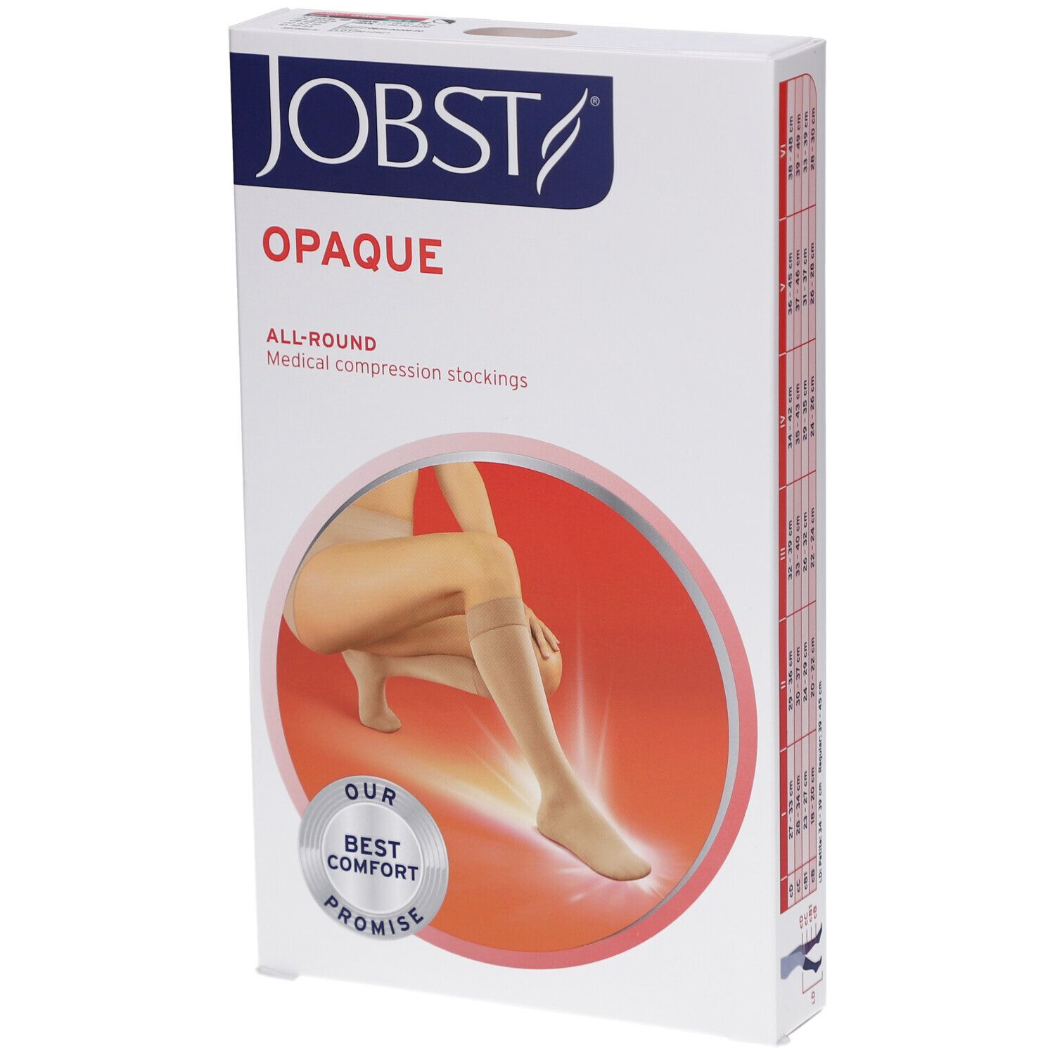 Emballage JOBST Opaque. Bas de compression beiges. Femme avec bas sur la jambe. Texte: Opaque, All-Round, Best Comfort Promise.
