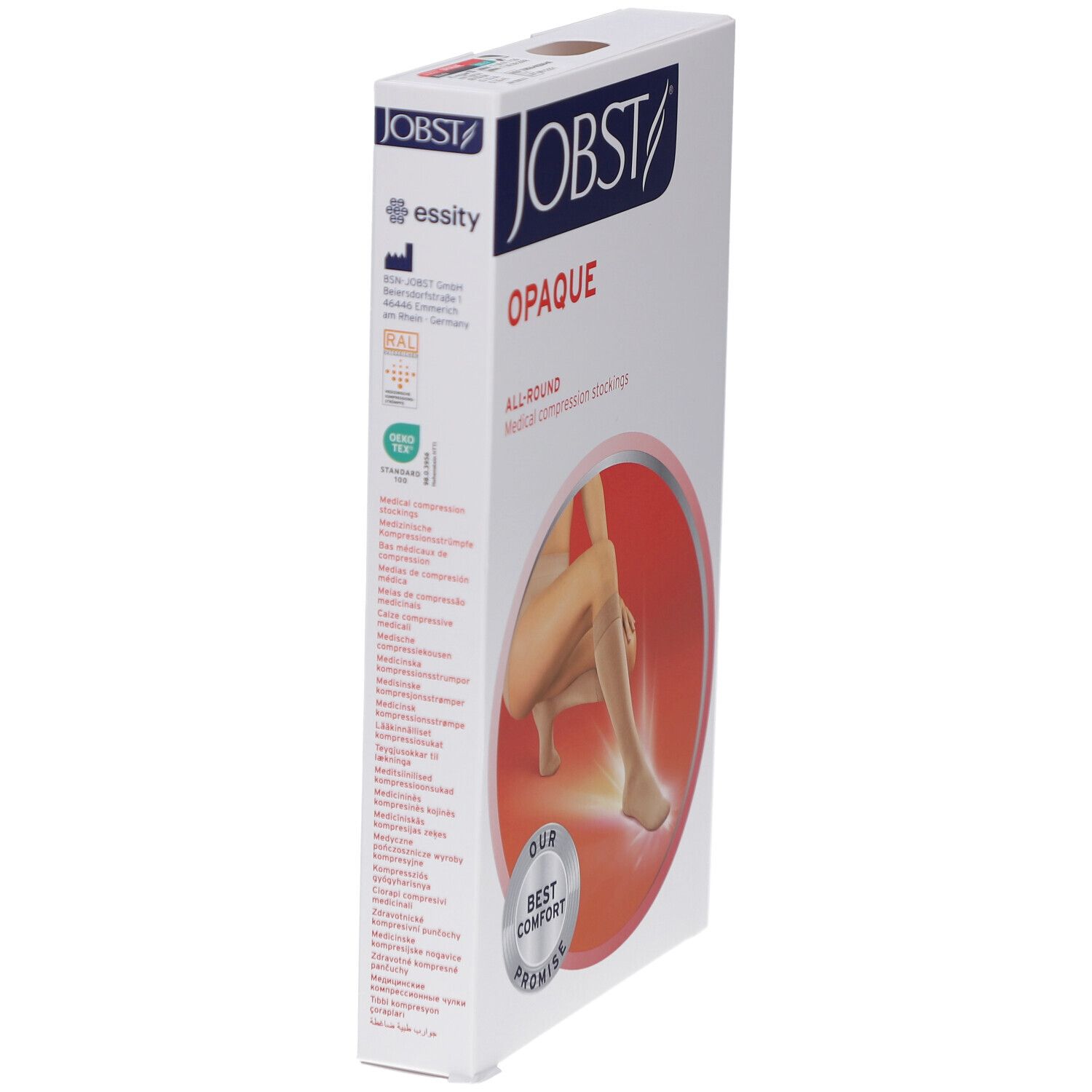 Emballage JOBST Opaque. Bas de compression beiges. Texte: Opaque, All-Round, Best Comfort Promise, certifications. Illustration du produit.