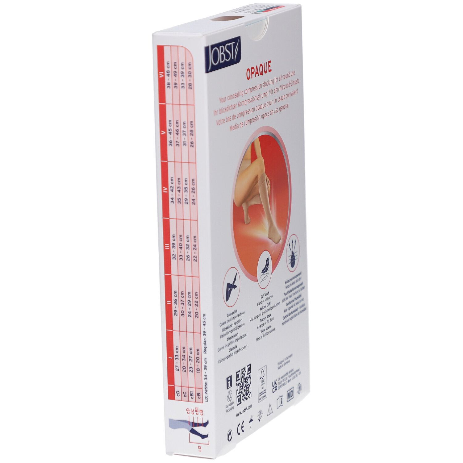 Emballage JOBST Opaque. Tableau des tailles, illustration du produit, icônes. Texte: Opaque. Certifications, QR code, informations fabricant.