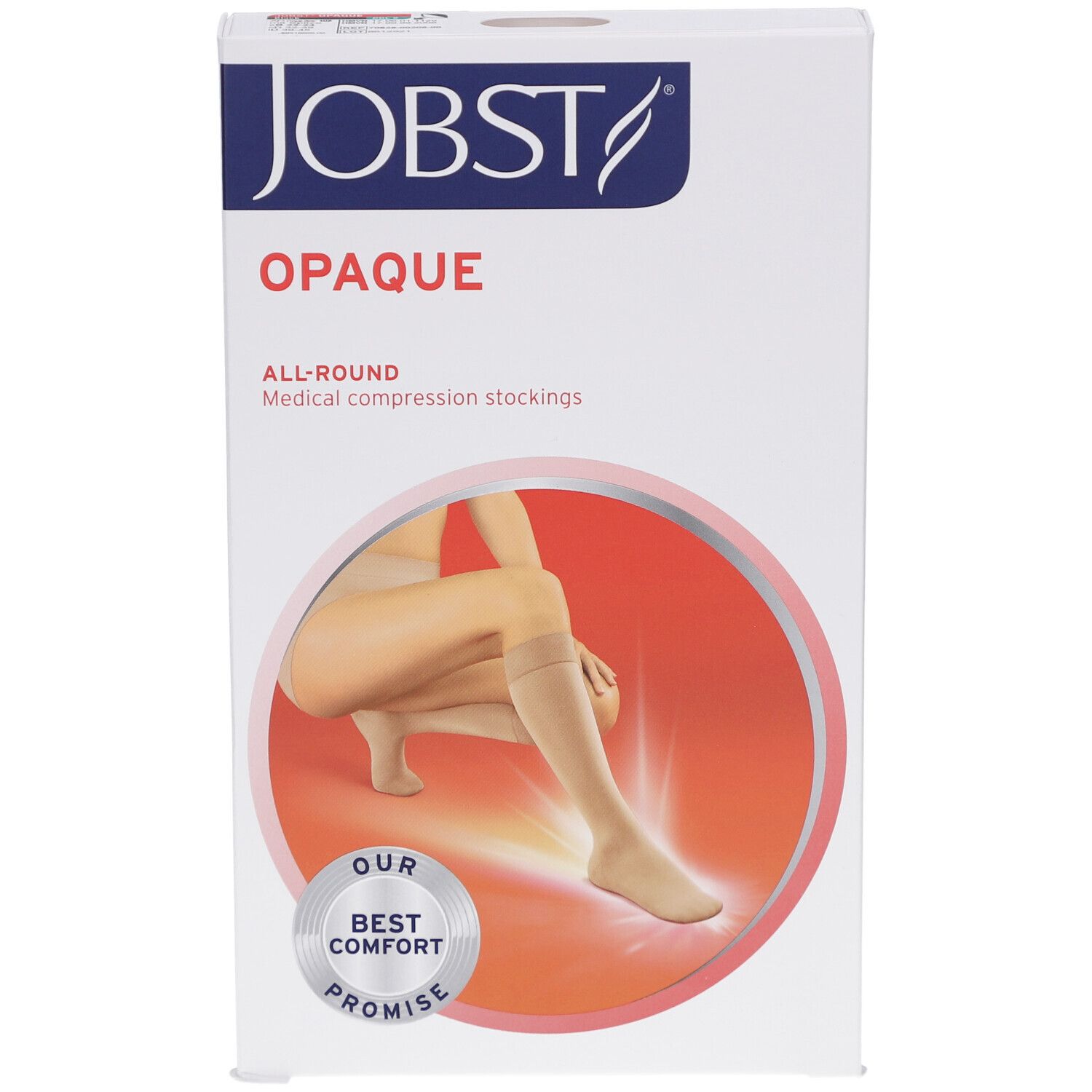 Emballage JOBST Opaque. Bas de compression beiges. Femme avec bas sur la jambe. Texte: Opaque, All-Round, Best Comfort Promise.