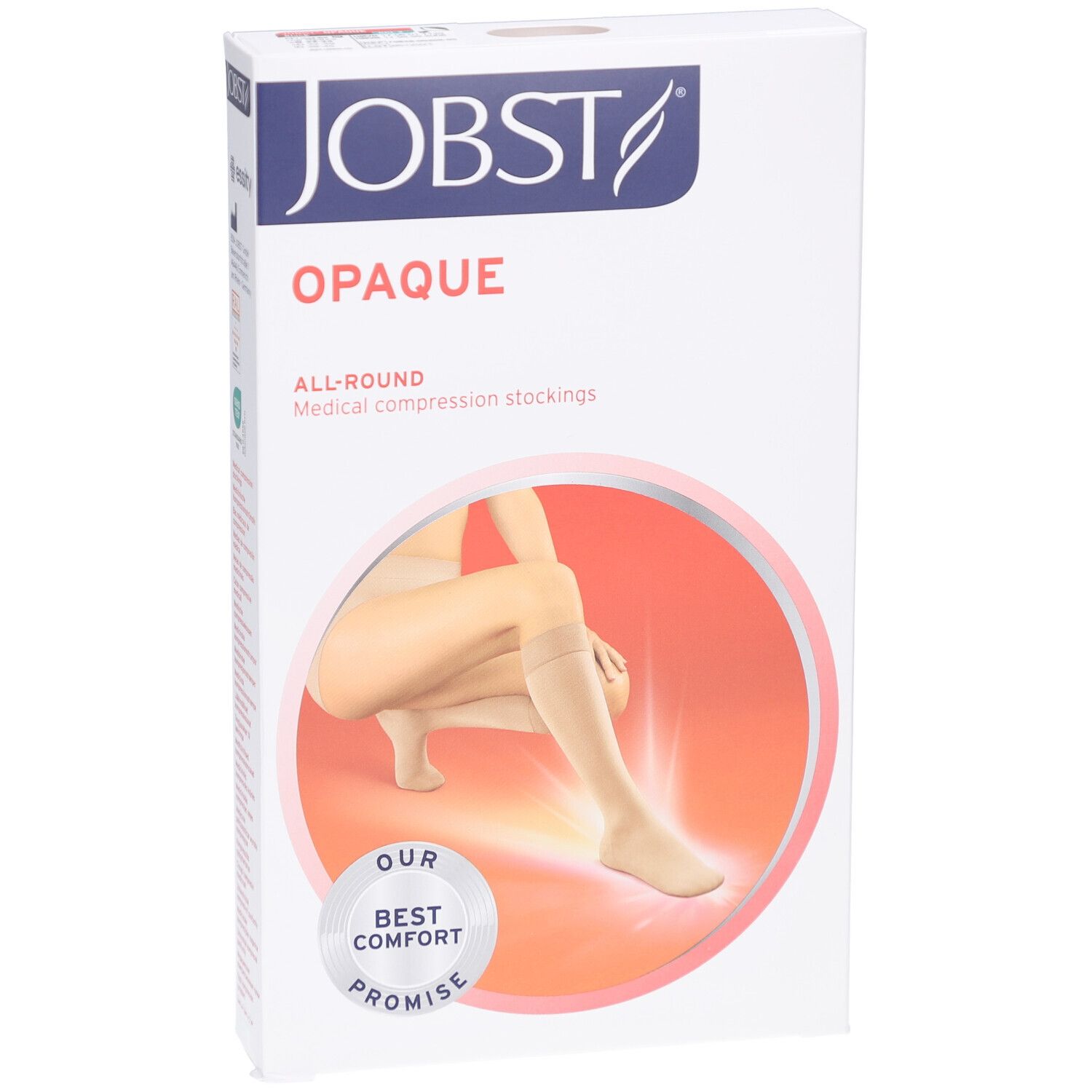 Emballage JOBST Opaque. Bas de compression beiges. Femme avec bas sur la jambe. Texte: Opaque, All-Round, Best Comfort Promise.