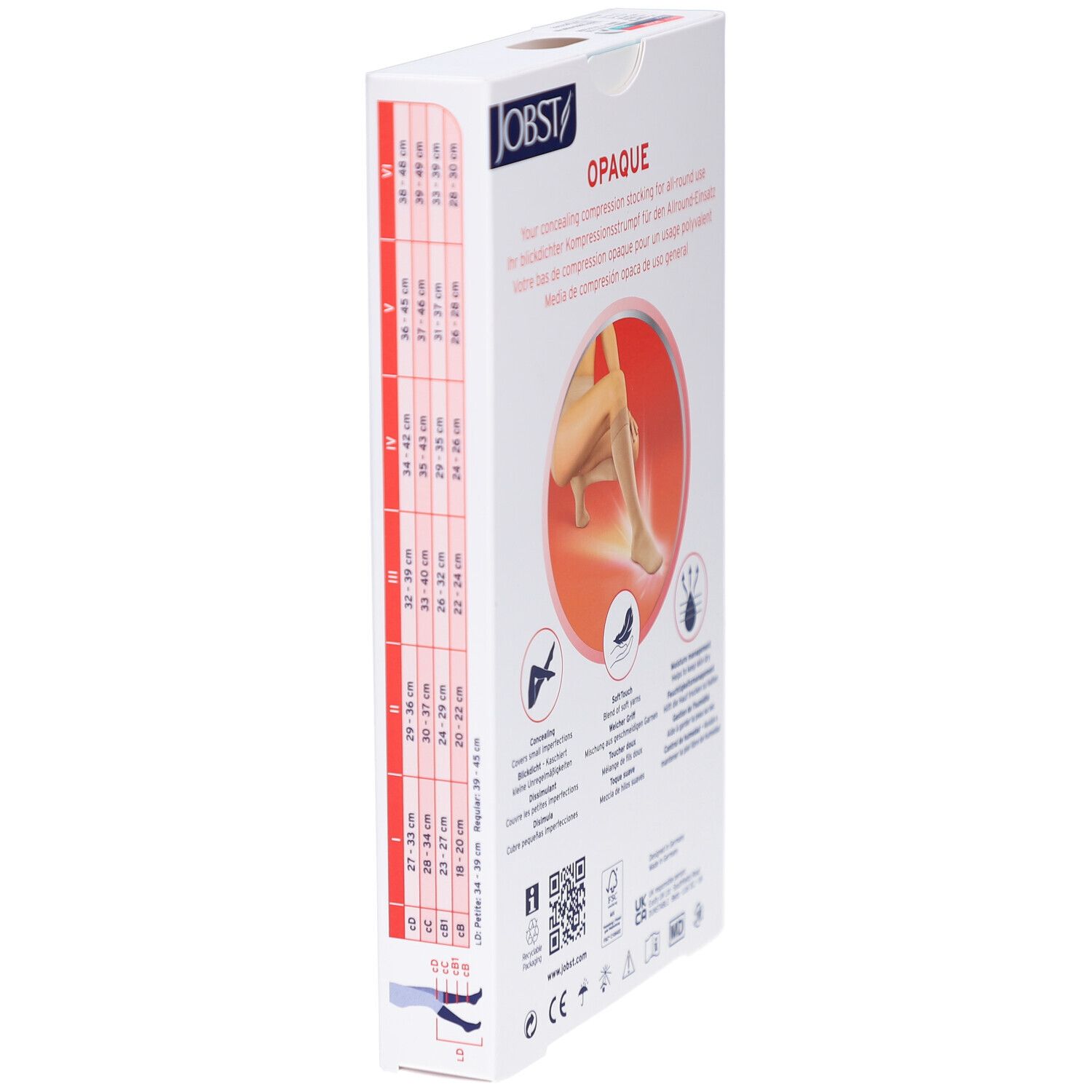 Côté de l'emballage JOBST Opaque avec indications de taille. Illustration du produit et autres informations. Plusieurs langues.