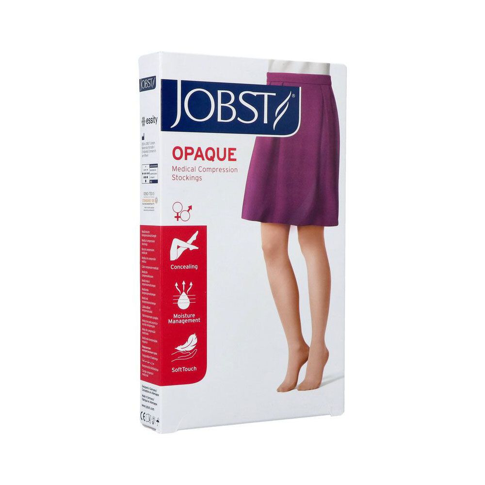 Bas de compression JOBST Opaque Classe 2 en emballage. Bas beiges, illustration de jambe. Caractéristiques : Concealing, Moisture Management, Soft Touch.