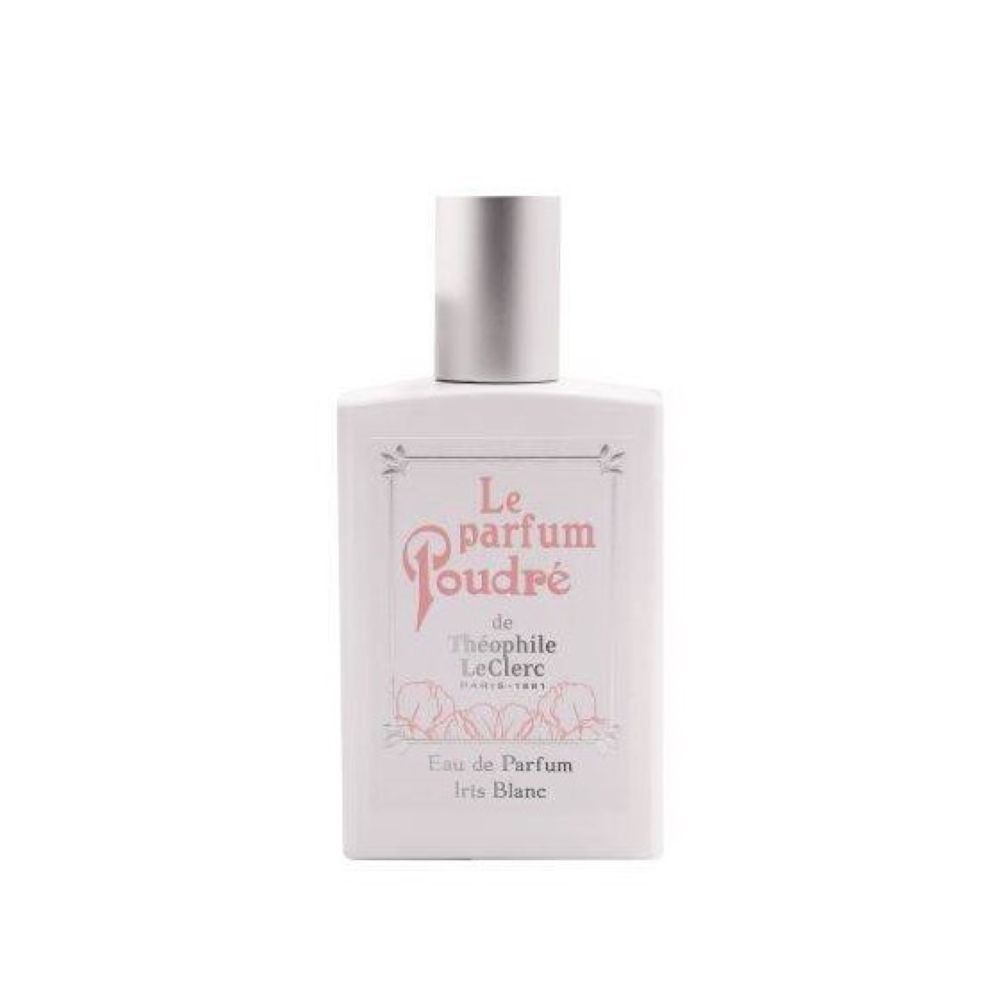 Flacon de parfum blanc avec bouchon argenté. Inscription: Le parfum poudré, Eau de Parfum Iris Blanc.