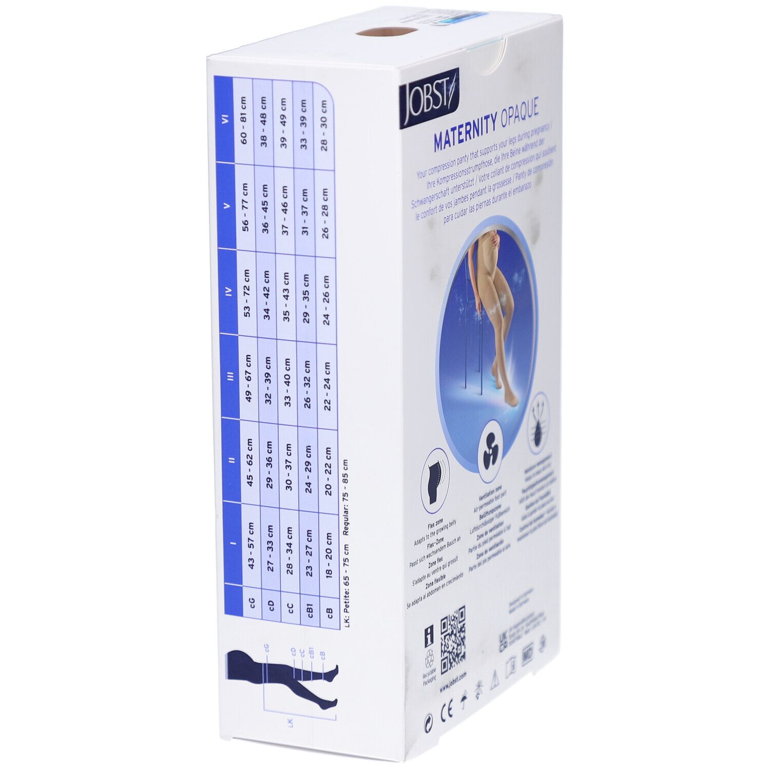 Côté de l'emballage JOBST Maternity Opaque. Tableau des tailles, illustrations, logos.