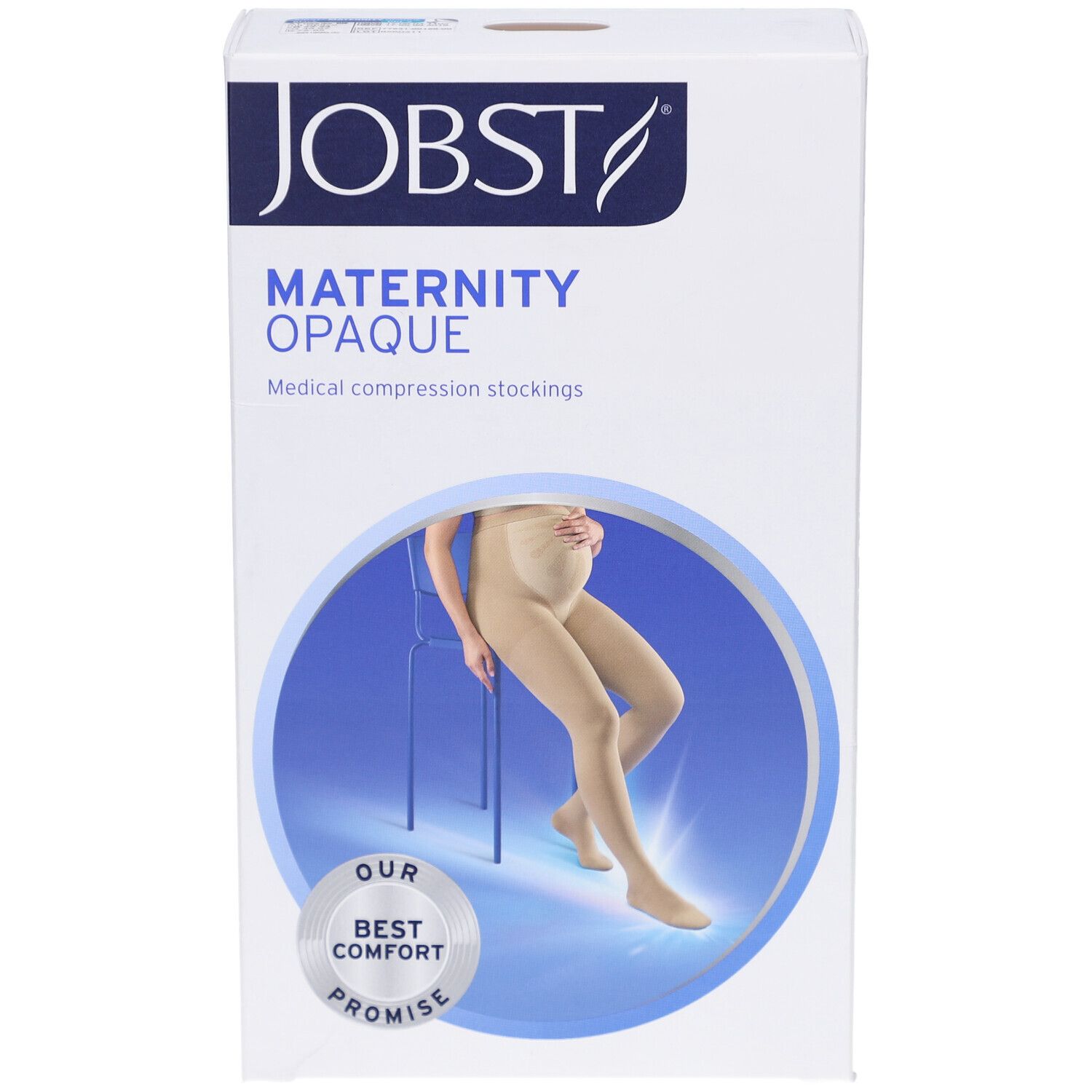 Emballage JOBST Maternity Opaque. Nom du produit, logo, illustration d'une femme avec bas de compression.