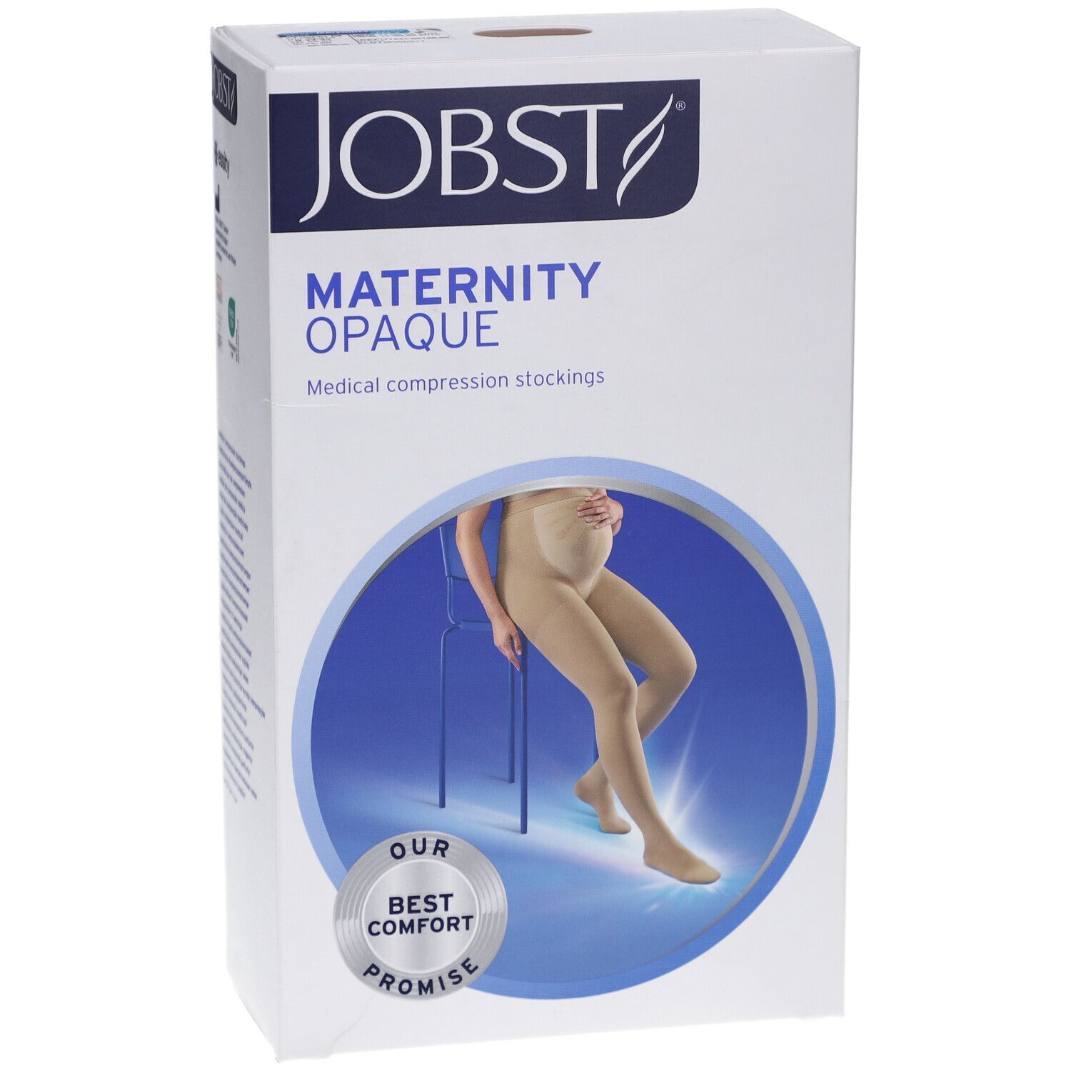 Emballage JOBST Maternity Opaque. Nom du produit, logo, illustration d'une femme avec bas de compression.