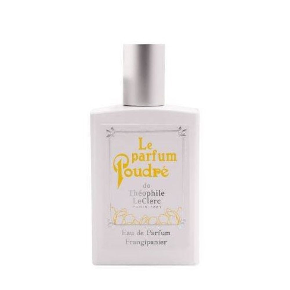 Flacon de parfum blanc avec bouchon argenté. Inscription : Le Parfum Poudré de Théophile LeClerc, Eau de Parfum Frangipanier.