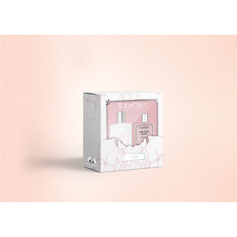 Coffret cadeau avec deux flacons. Inscription: T. LeClerc. Un flacon: Le parfum poudré. Un flacon: Huile sèche secrète.