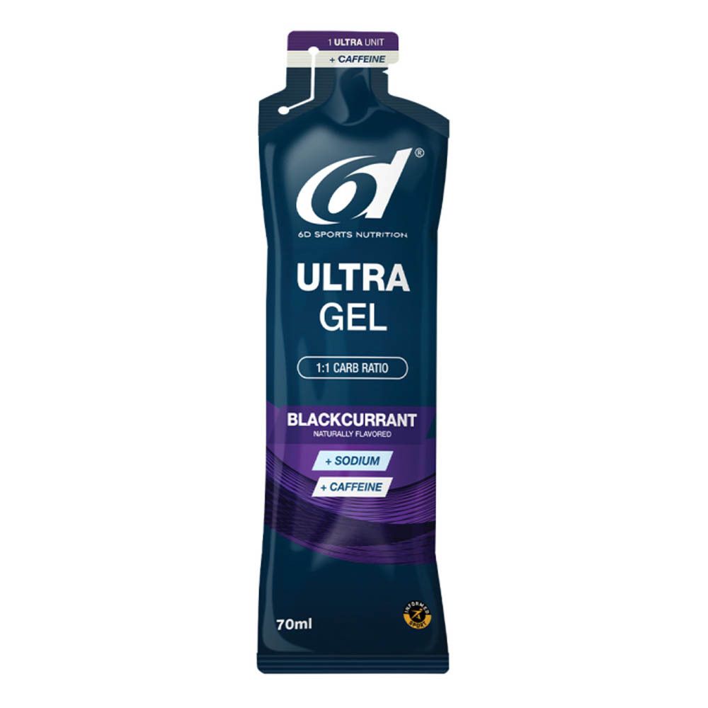 Sachet de gel bleu foncé. Inscriptions "6D Sports Nutrition" et "Ultra Gel". Contient de la caféine et du sodium. Goût : cassis.