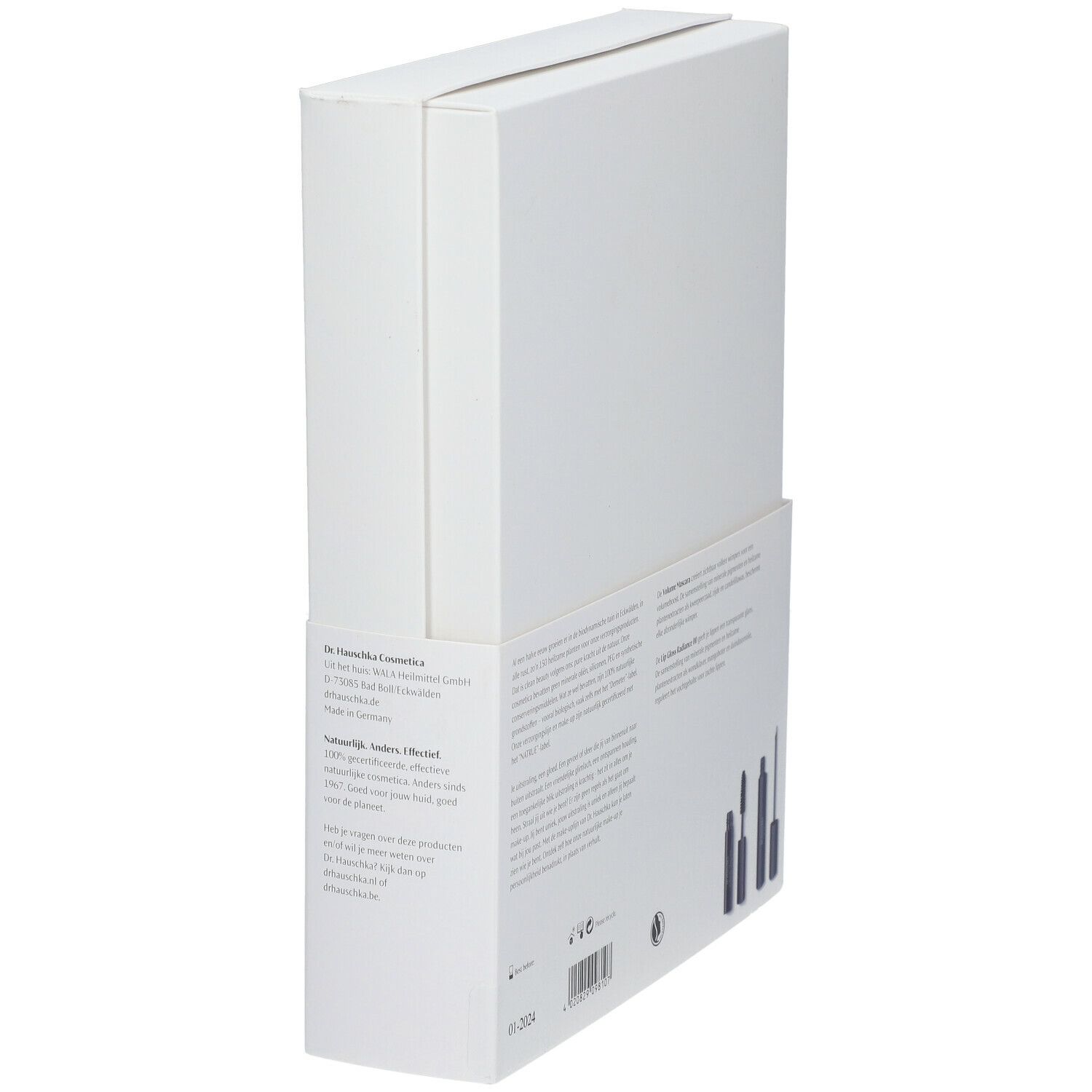 Emballage blanc, dos. Contient un kit de maquillage de démarrage. Marque : Dr. Hauschka. Texte et informations sur le produit sur le côté.