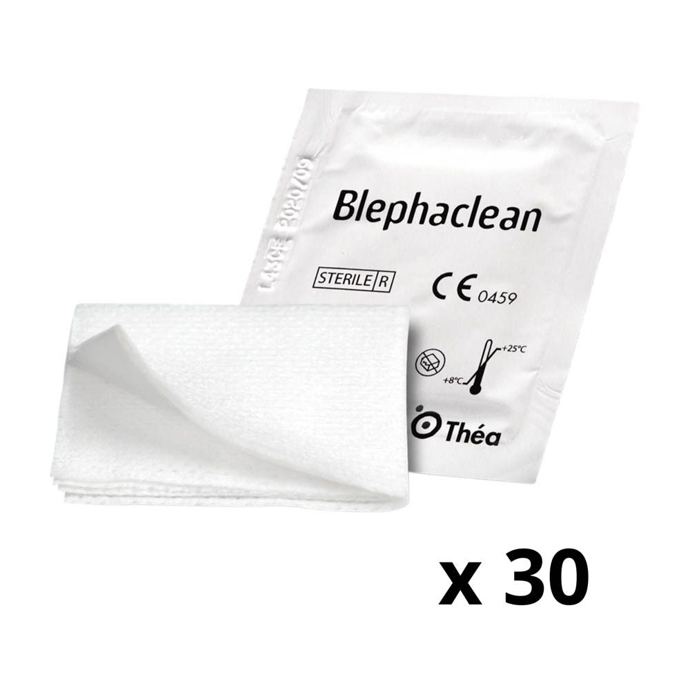 Lingettes Blephaclean®. Lingettes blanches pliées. Emballage avec nom, CE et quantité : 30.