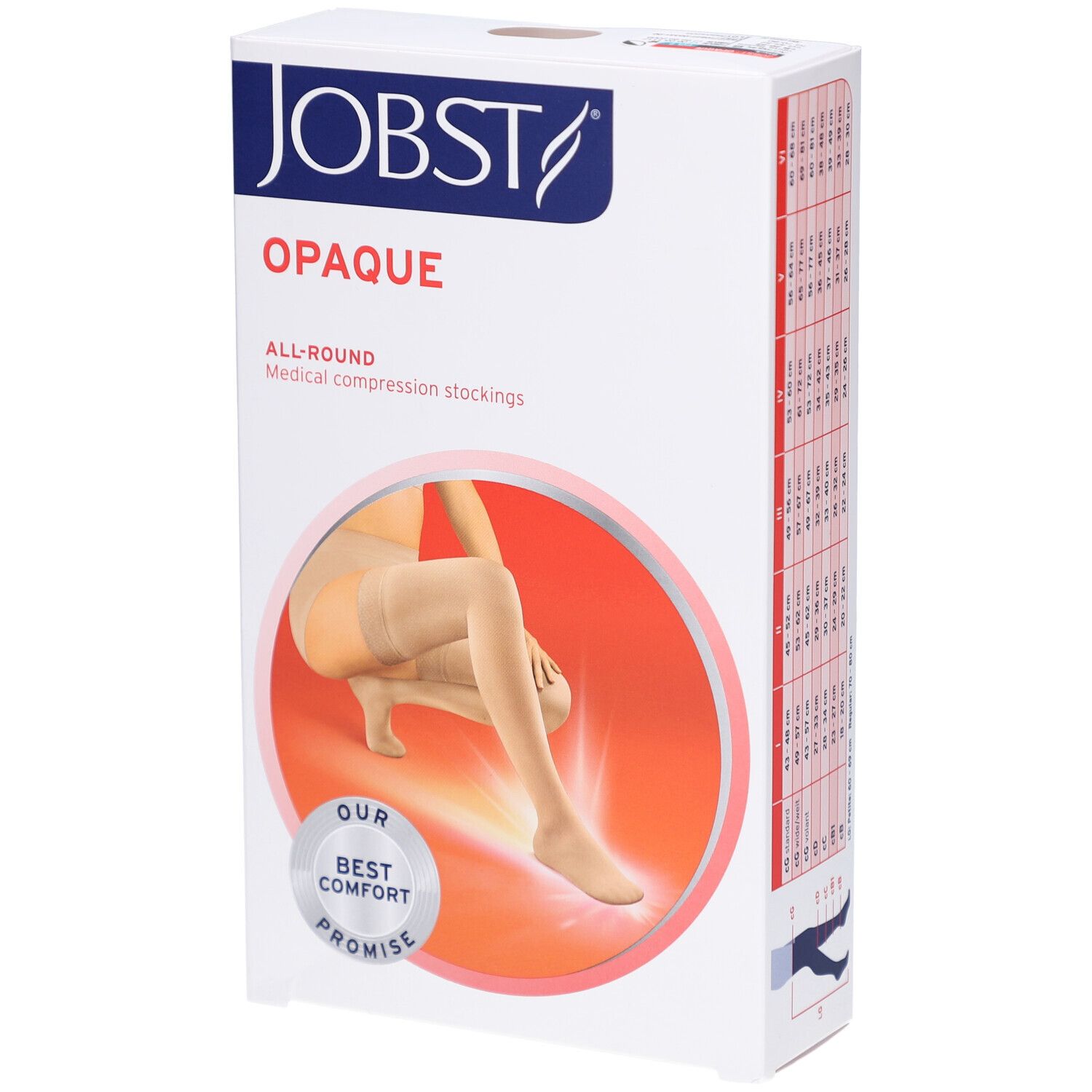 Emballage de JOBST Opaque. Bas de compression beiges représentés. Inscription : Opaque, All-Round, Medical compression stockings.