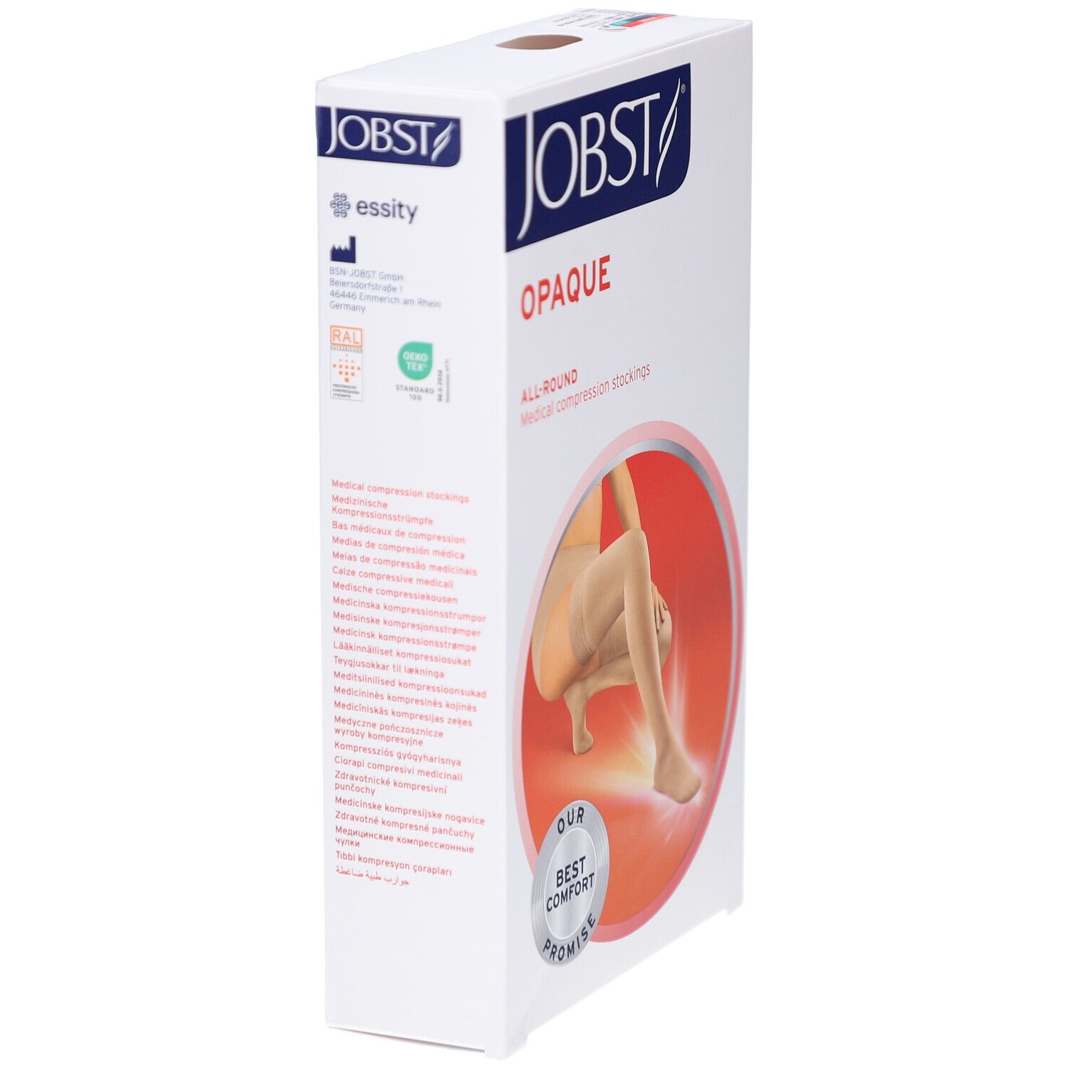 Emballage de JOBST Opaque. Inscription : Opaque, All-Round, Medical compression stockings. Logo Essity.