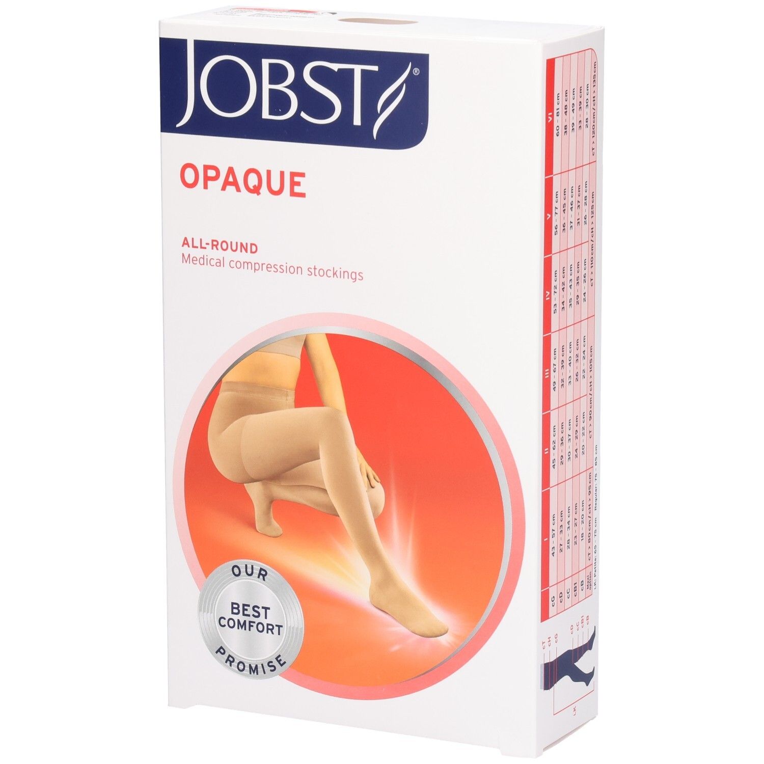Bas de compression JOBST Opaque, couleur naturelle, en boîte. Inscriptions: Opaque, All-Round, Best Comfort Promise.