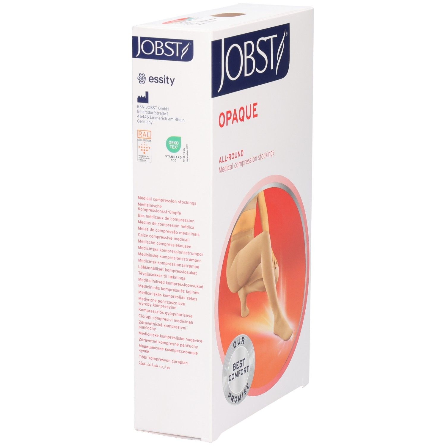 Bas de compression JOBST Opaque, couleur naturelle, en boîte. Inscriptions: Opaque, All-Round, essity, RAL.
