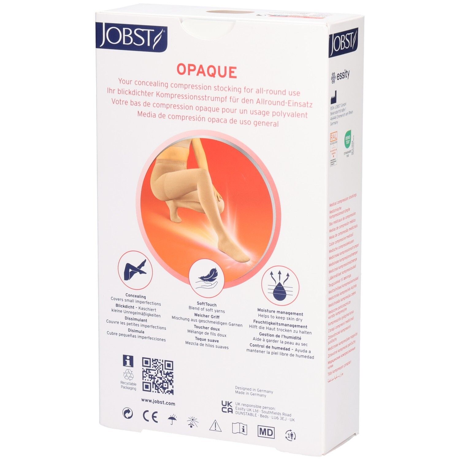 Emballage des bas de compression JOBST Opaque. Inscriptions: Opaque, All-Round, Soft Touch, Moisture Management, marquage CE.