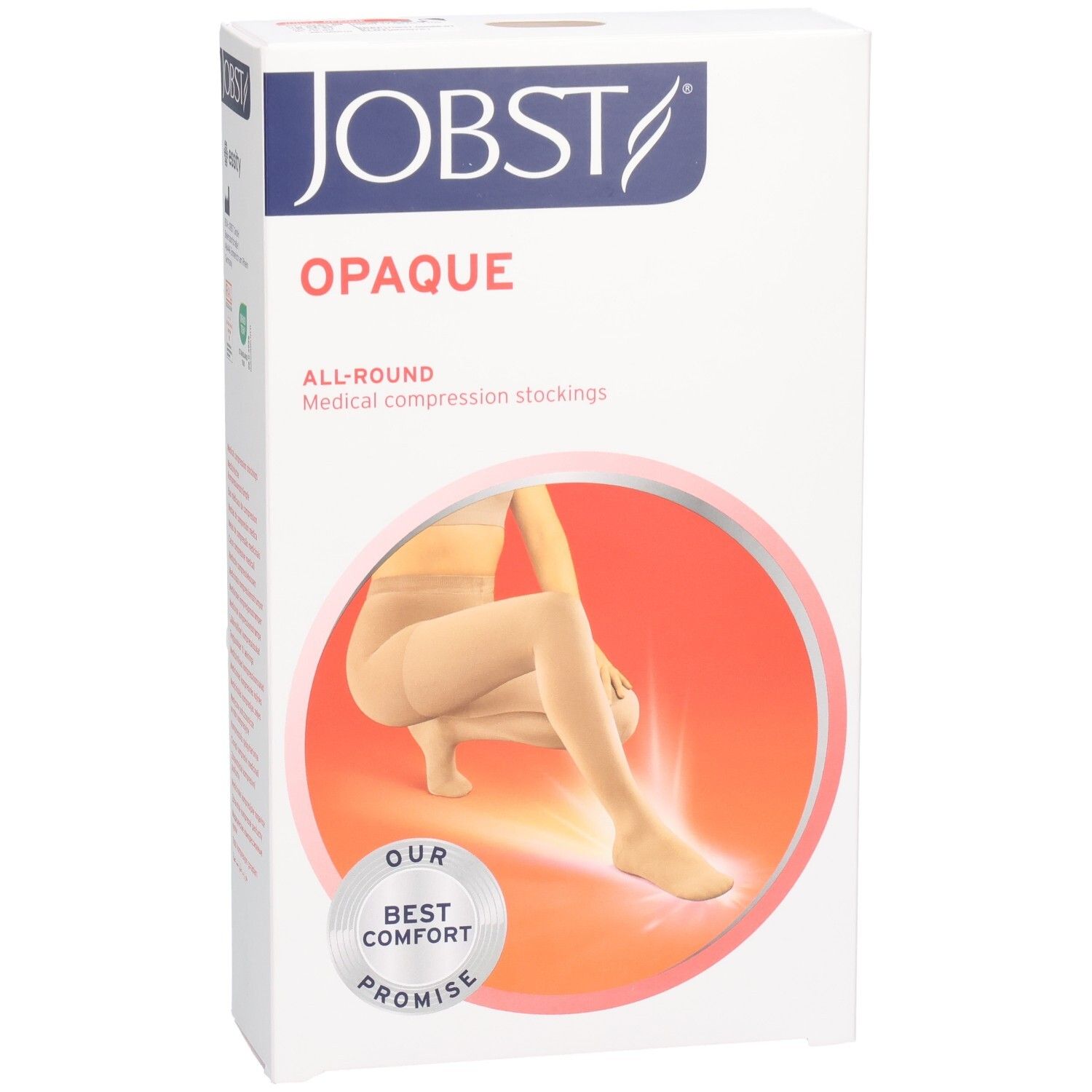 Bas de compression JOBST Opaque, couleur naturelle, en boîte. Inscriptions: Opaque, All-Round, Best Comfort Promise.