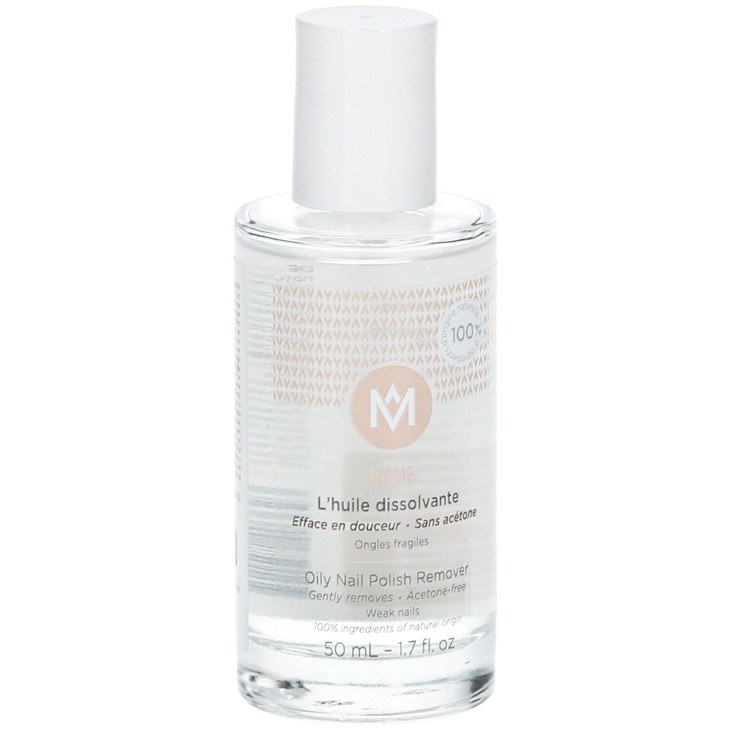 Flacon en verre transparent avec bouchon blanc. Inscriptions: MÊME, L'huile dissolvante, Oily Nail Polish Remover.
