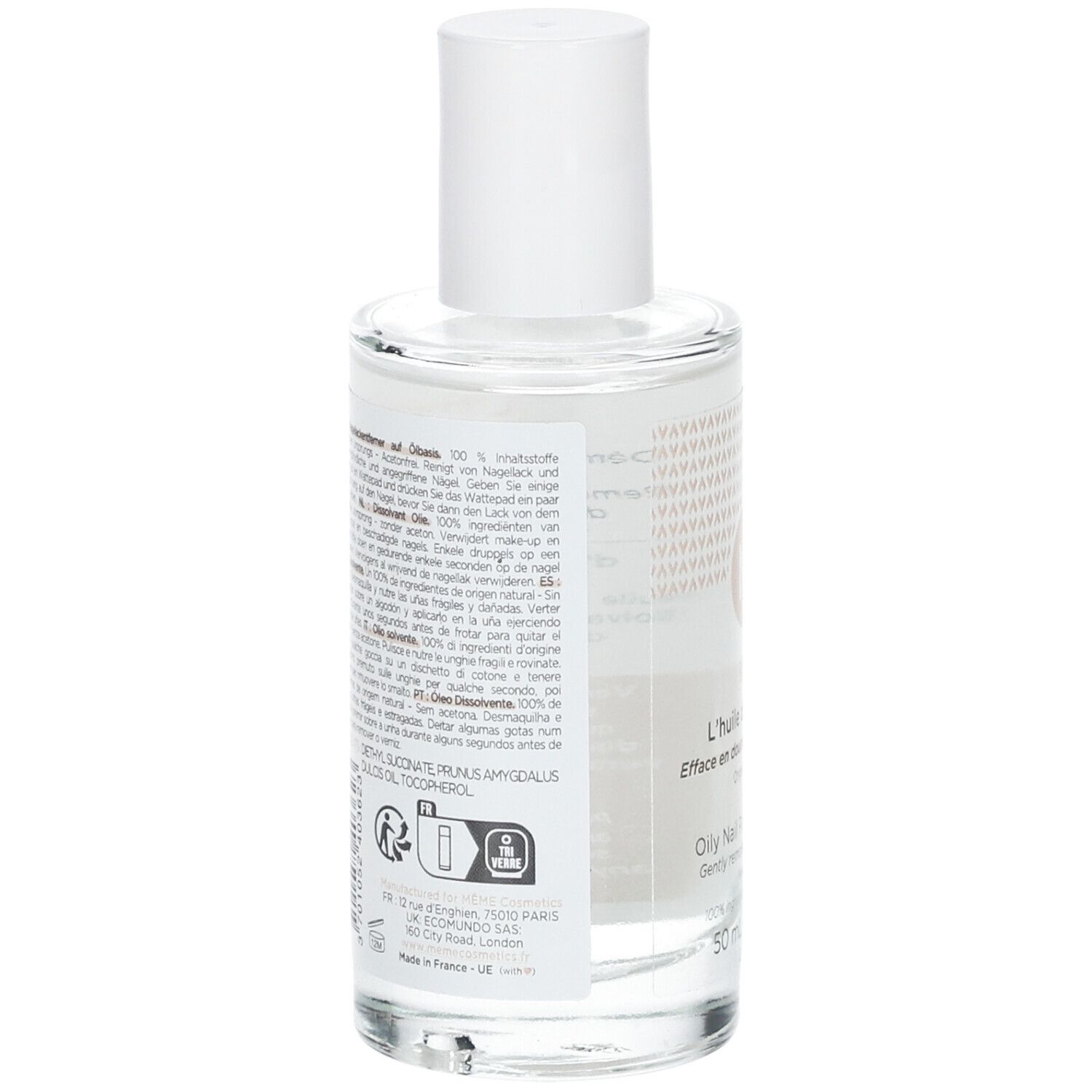 Vue arrière d'un flacon en verre avec bouchon blanc. Texte multilingue. Inscriptions: L'huile dissolvante, Oily Nail Polish Remover.