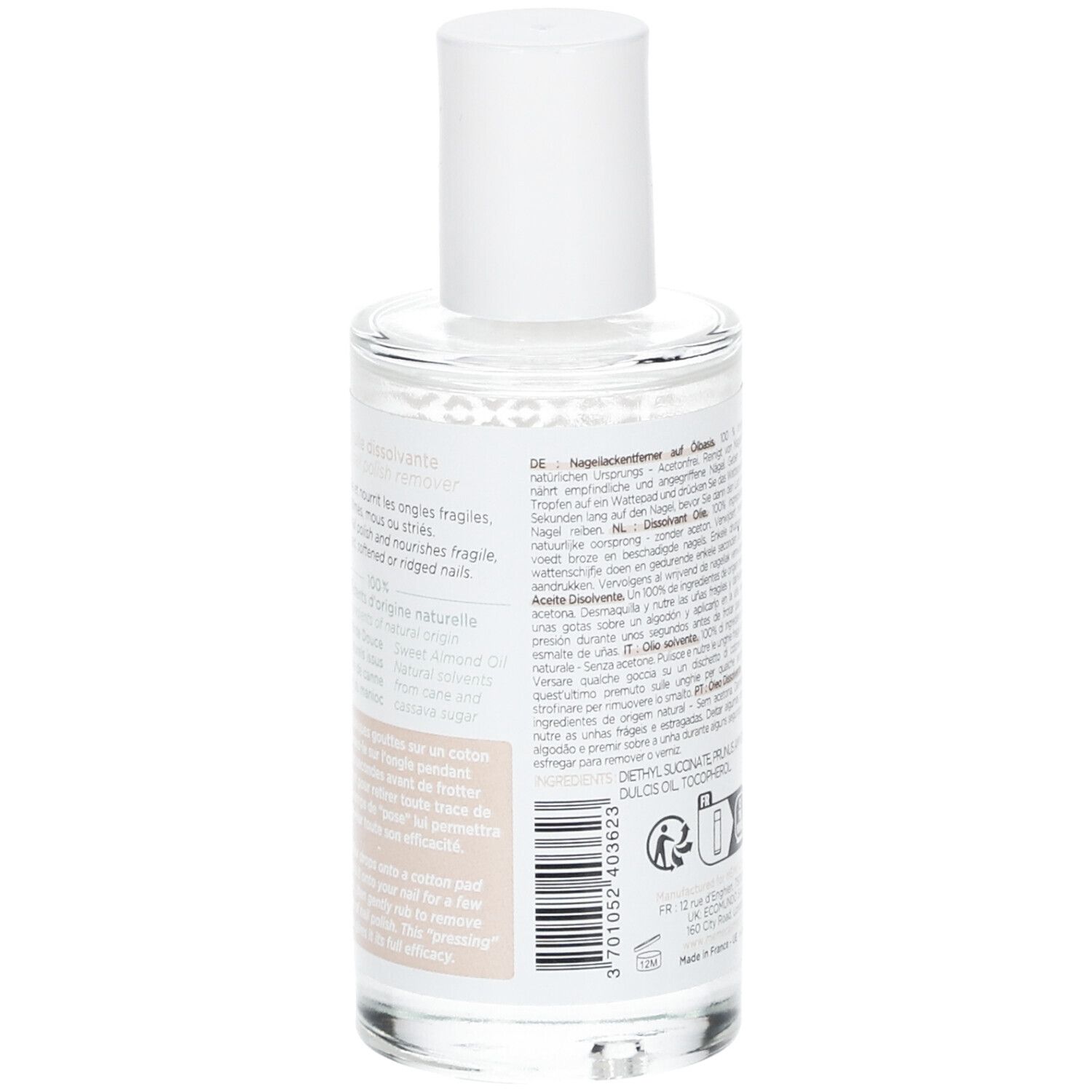 Vue arrière d'un flacon en verre avec bouchon blanc. Texte multilingue. Inscriptions: L'huile dissolvante, Oily Nail Polish Remover.