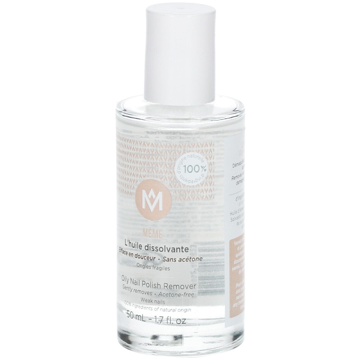 Flacon en verre transparent avec bouchon blanc. Inscriptions: MÊME, L'huile dissolvante, Oily Nail Polish Remover.