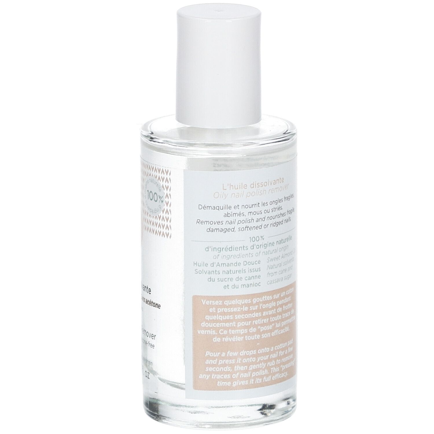 Vue arrière d'un flacon en verre avec bouchon blanc. Texte multilingue. Inscriptions: L'huile dissolvante, Oily Nail Polish Remover.