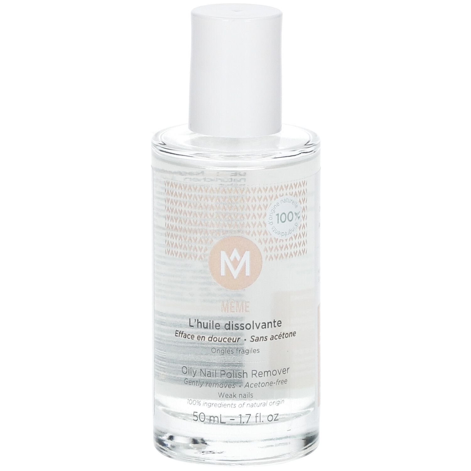 Flacon en verre transparent avec bouchon blanc. Inscriptions: MÊME, L'huile dissolvante, Oily Nail Polish Remover.