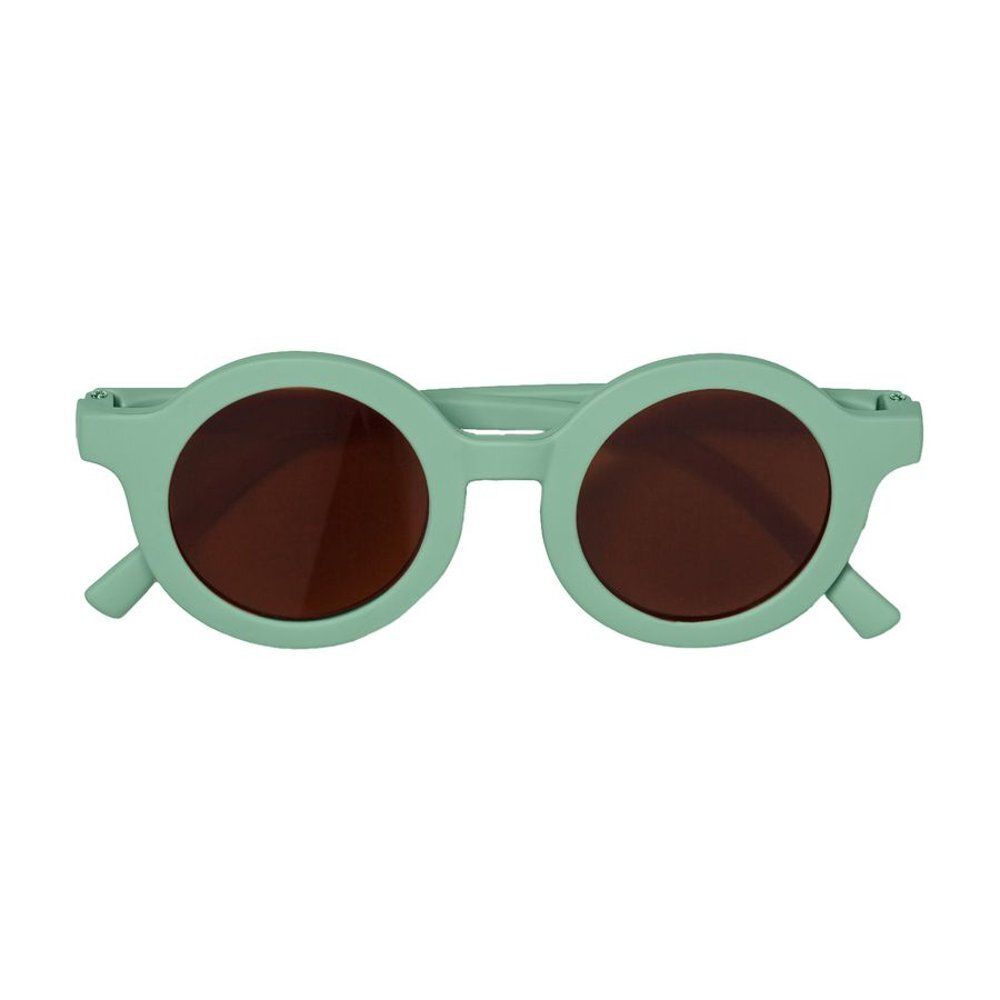 Lunettes de soleil rondes pour enfants. Monture vert menthe, verres bruns. Vue de face.
