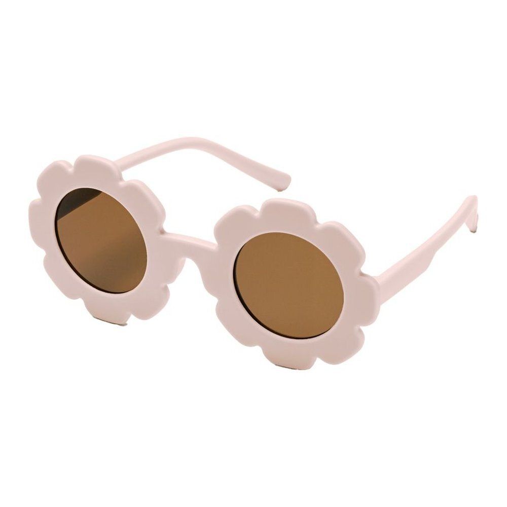 Lunettes de soleil roses pour enfants avec forme de fleur et verres marron.