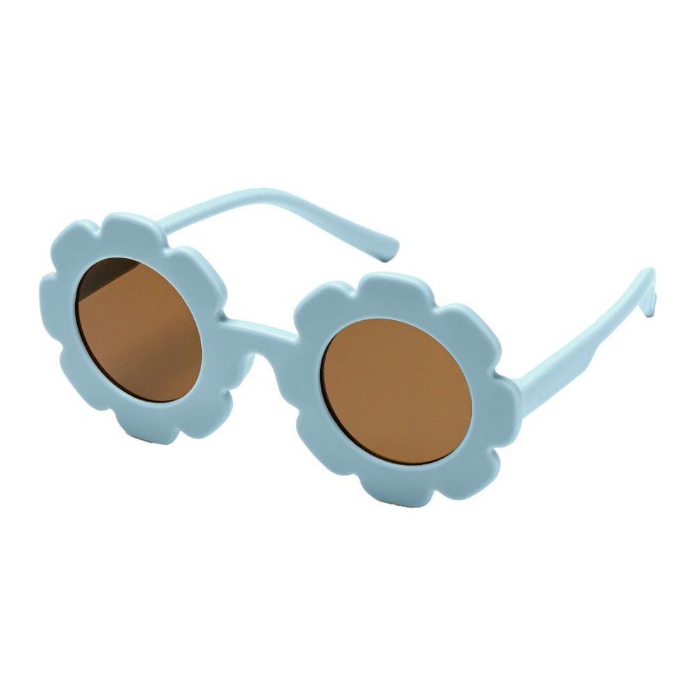 Lunettes de soleil bleues pour enfants. Verres ronds avec monture fleur bleue. Branches bleues.