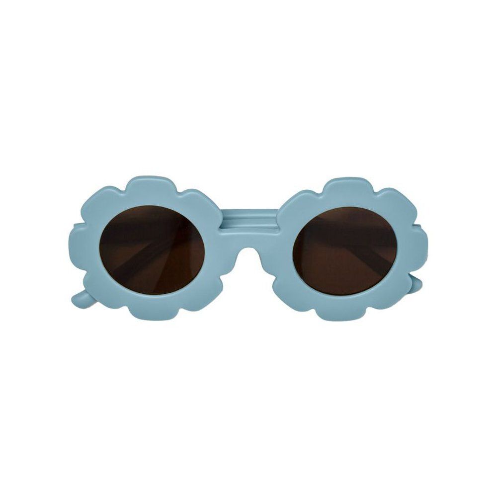 Lunettes de soleil bleues pour enfants. Verres ronds avec monture fleur bleue. Branches bleues.