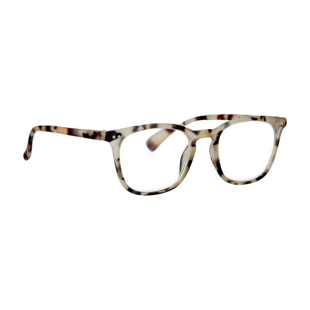 Lunettes à monture carrée, motif écaille de tortue. Branches et monture beige et marron. Verres transparents.