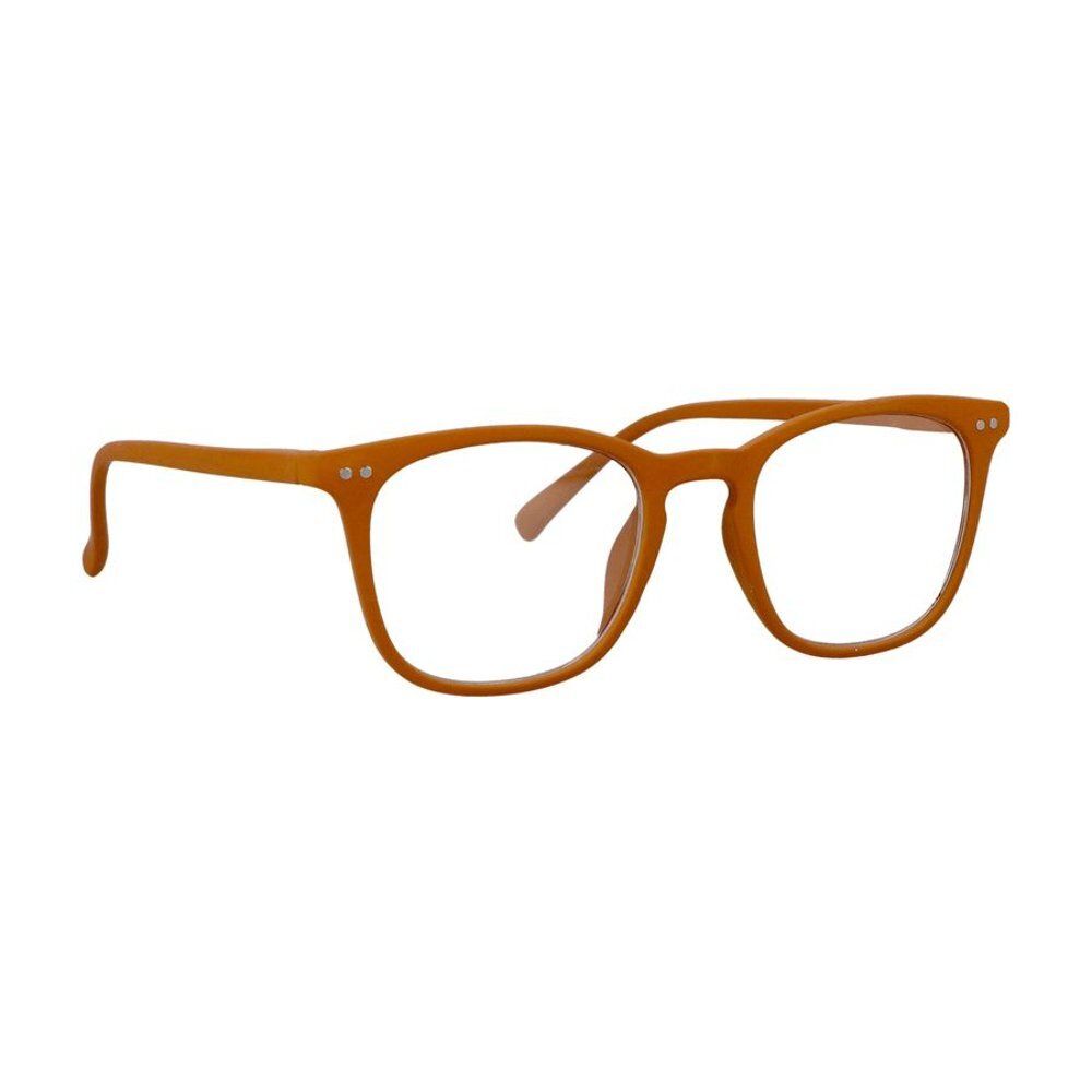 Lunettes marron avec verres transparents et monture rectangulaire.