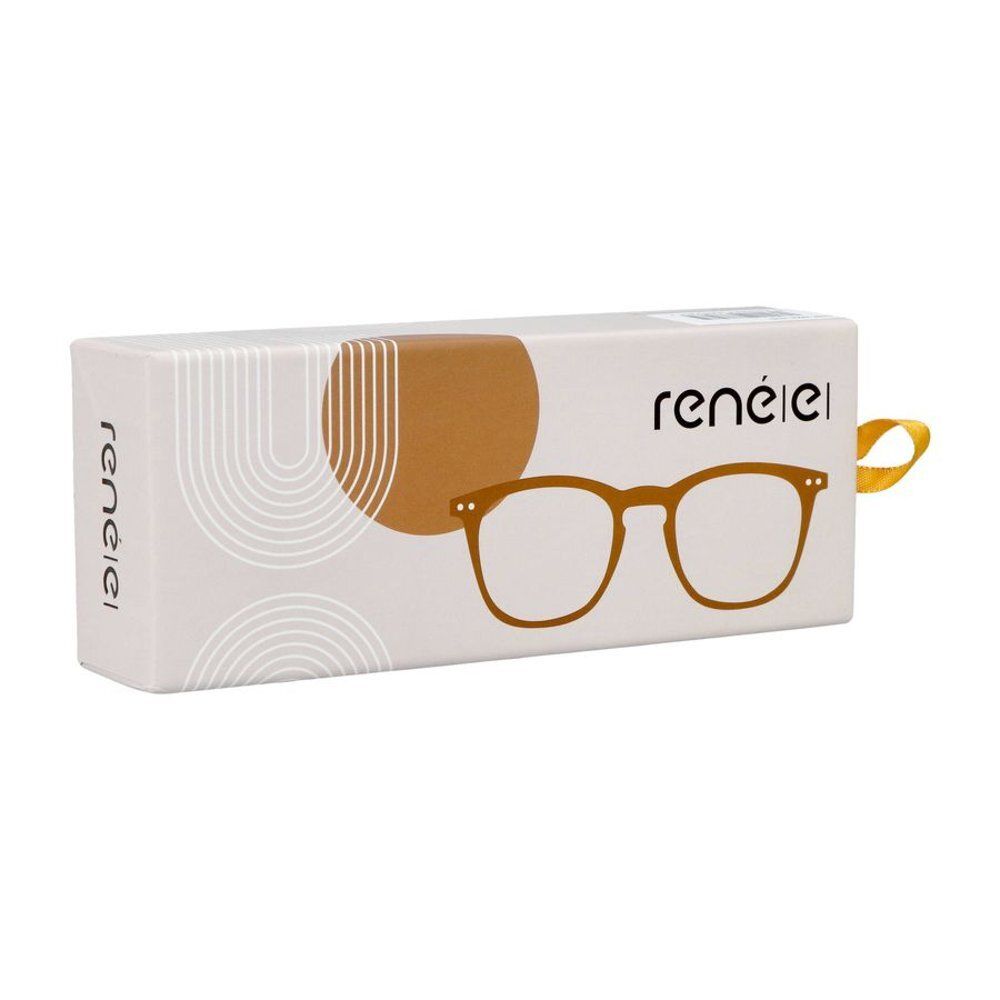 Emballage avec illustration de lunettes marron et nom de marque.