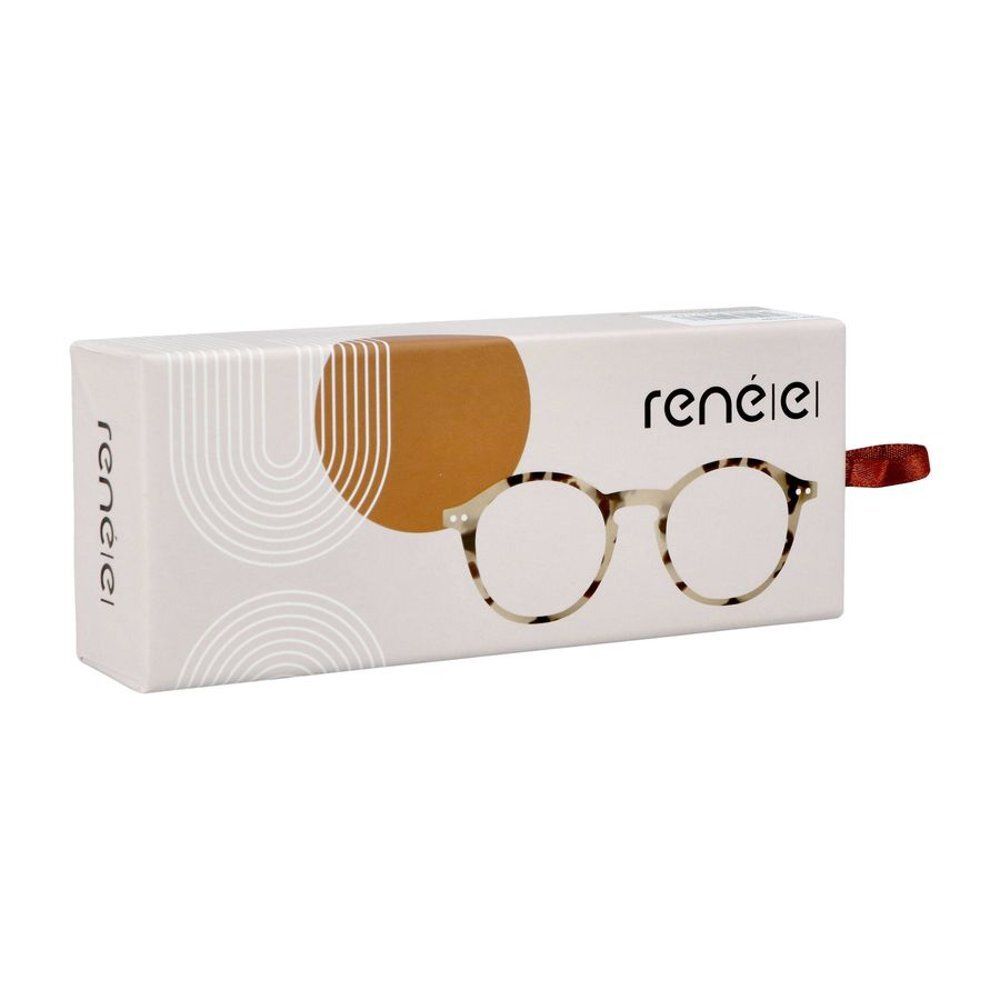 Emballage pour lunettes de lecture avec un motif de lunettes stylisé et le nom de marque "renéei".