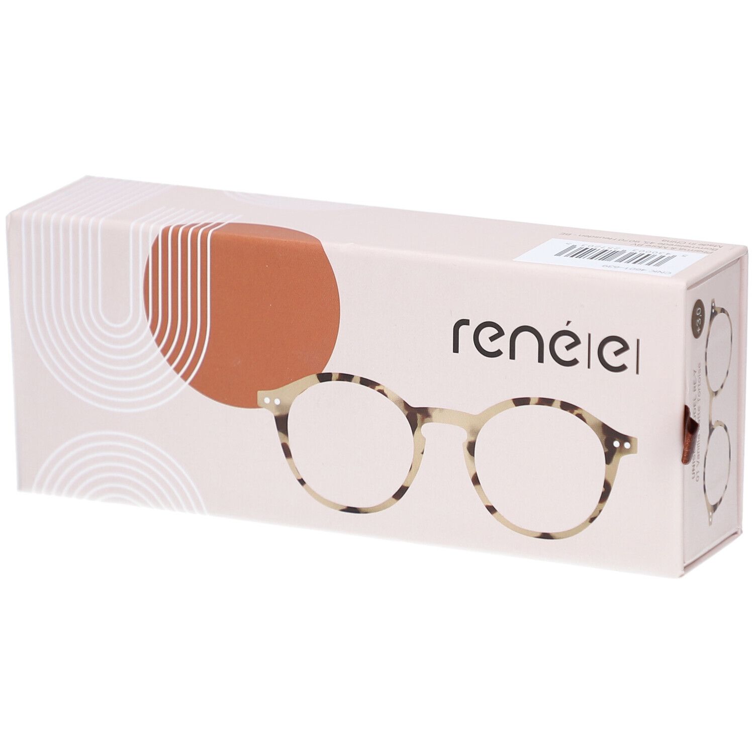 Étui renéel avec lunettes rondes, motif écaille. Emballage beige et marron. Vue de face.