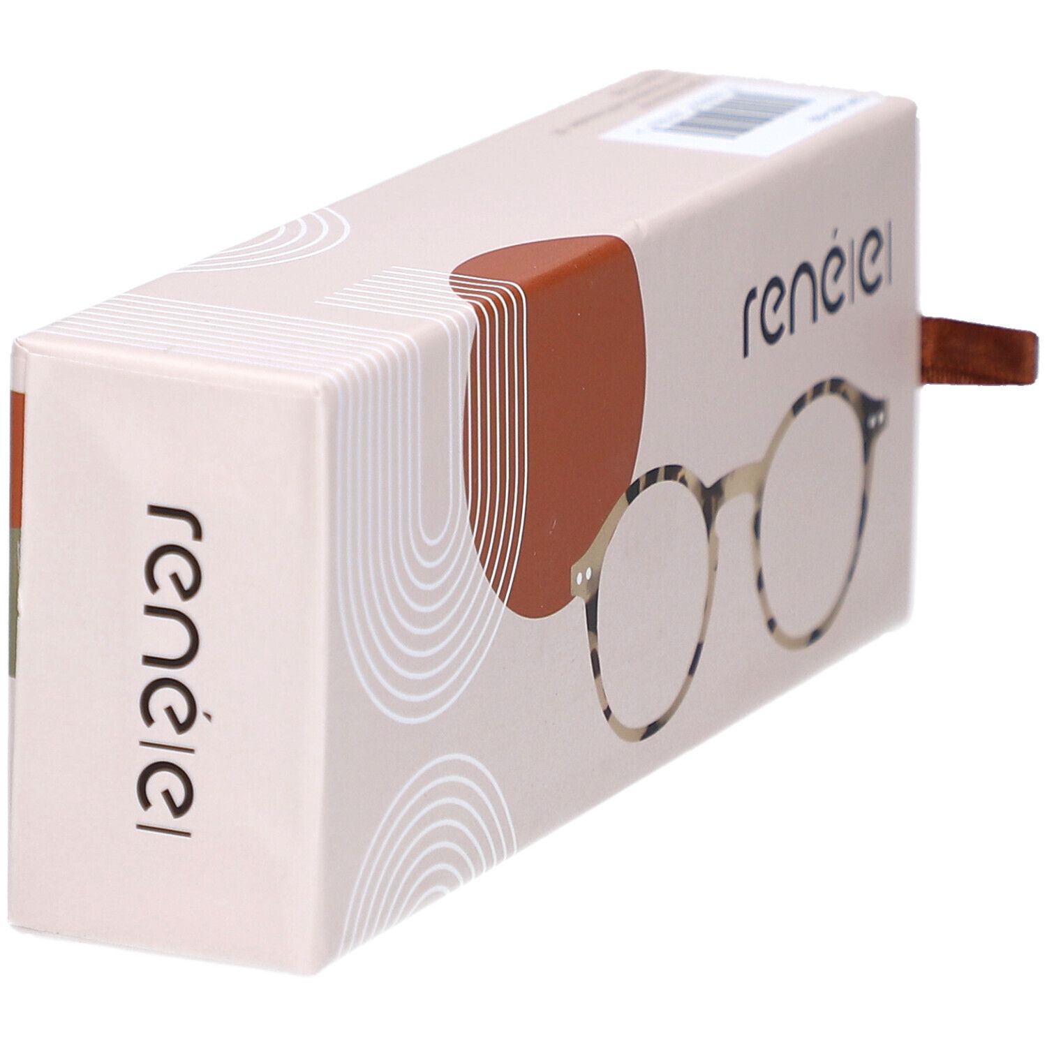 Étui renéel avec lunettes motif écaille. Lanière marron. Emballage beige et marron. Vue latérale.