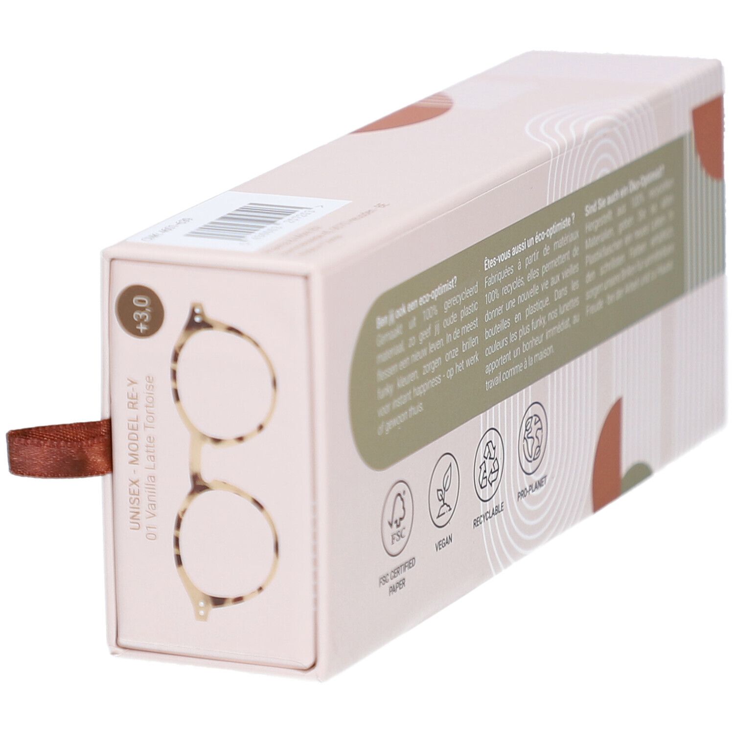 Étui renéel avec lunettes rondes, motif écaille. +3.0. Lanière marron. Emballage beige et marron.