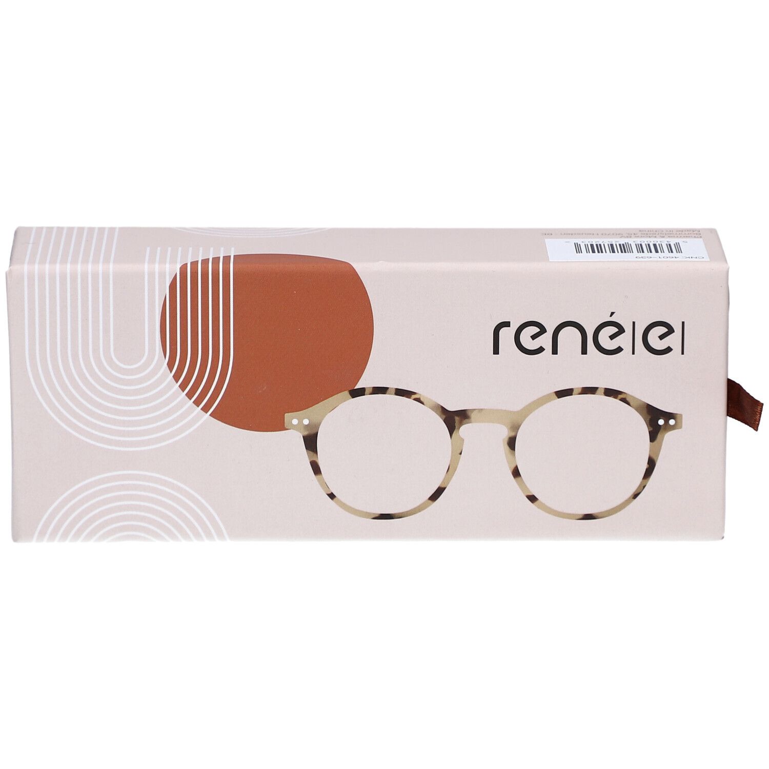 Étui renéel avec lunettes rondes, motif écaille. Lanière marron. Emballage beige et marron. Vue de face.