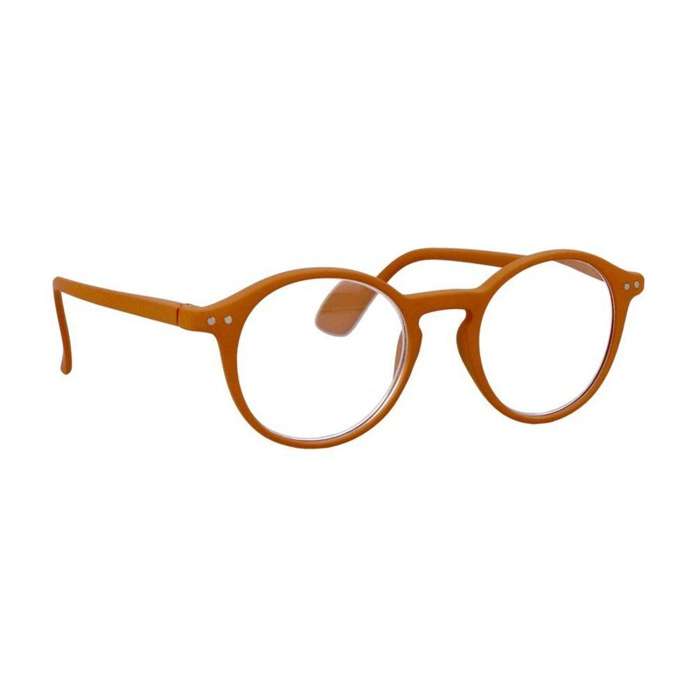 Lunettes rondes, monture orange. Branches et plaquettes de nez assorties. Verres transparents.