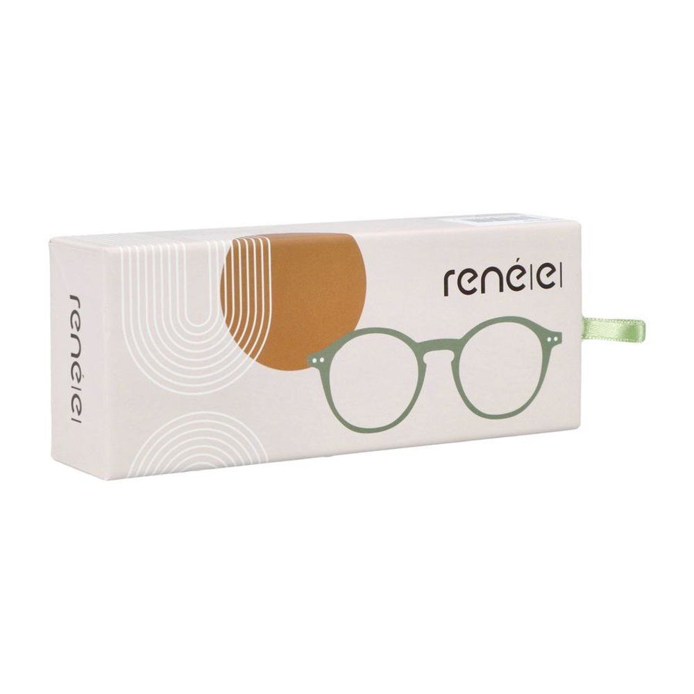 Emballage avec logo et image de lunettes. Monture de lunettes verte. Fond blanc.