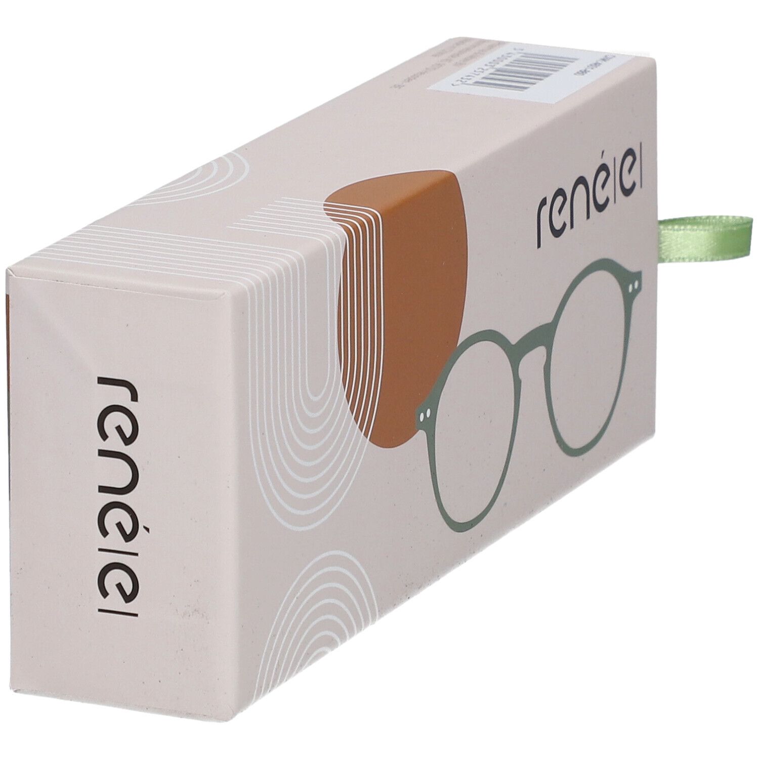 Étui à lunettes rené(e) avec illustration de lunettes vertes. Ruban vert. Boîte rectangulaire.