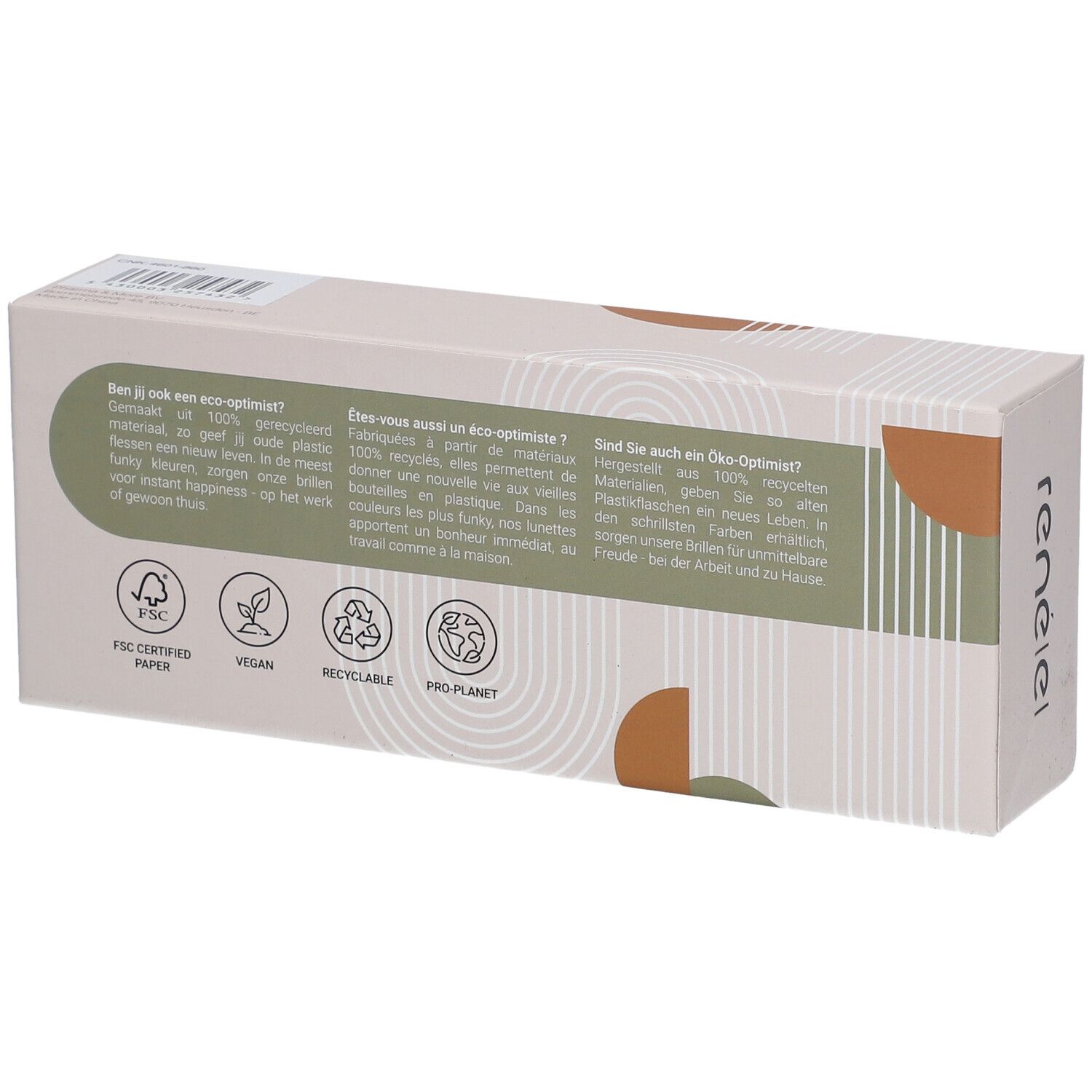 Dos de l'étui à lunettes. Texte en allemand, français et néerlandais. Certifications FSC, vegan, recyclable, Pro-Planet.
